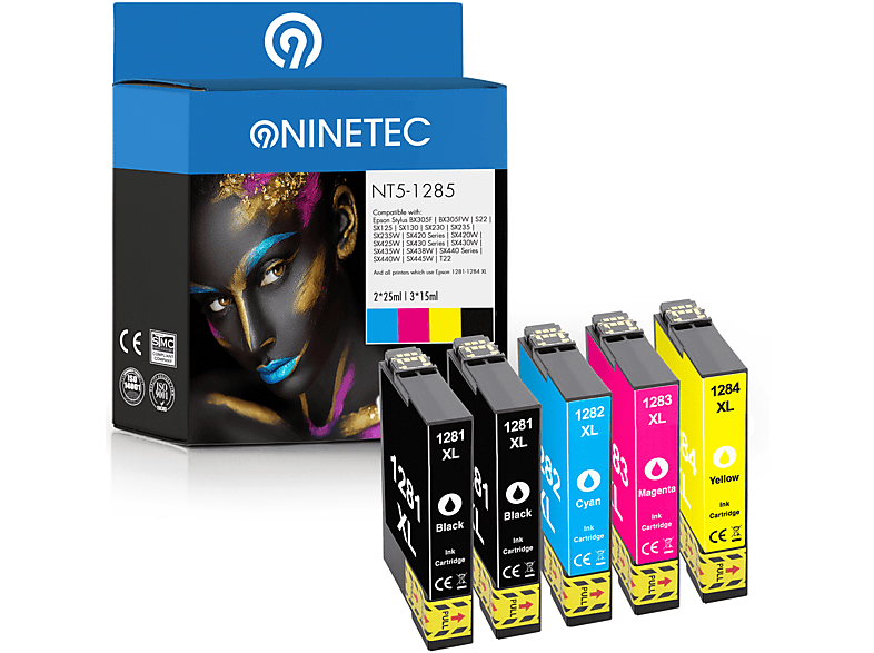 NINETEC 5er Set ersetzt Epson T1281-T1284 Tintenpatronen black, cyan, magenta, yellow (C 13 T 12854010)