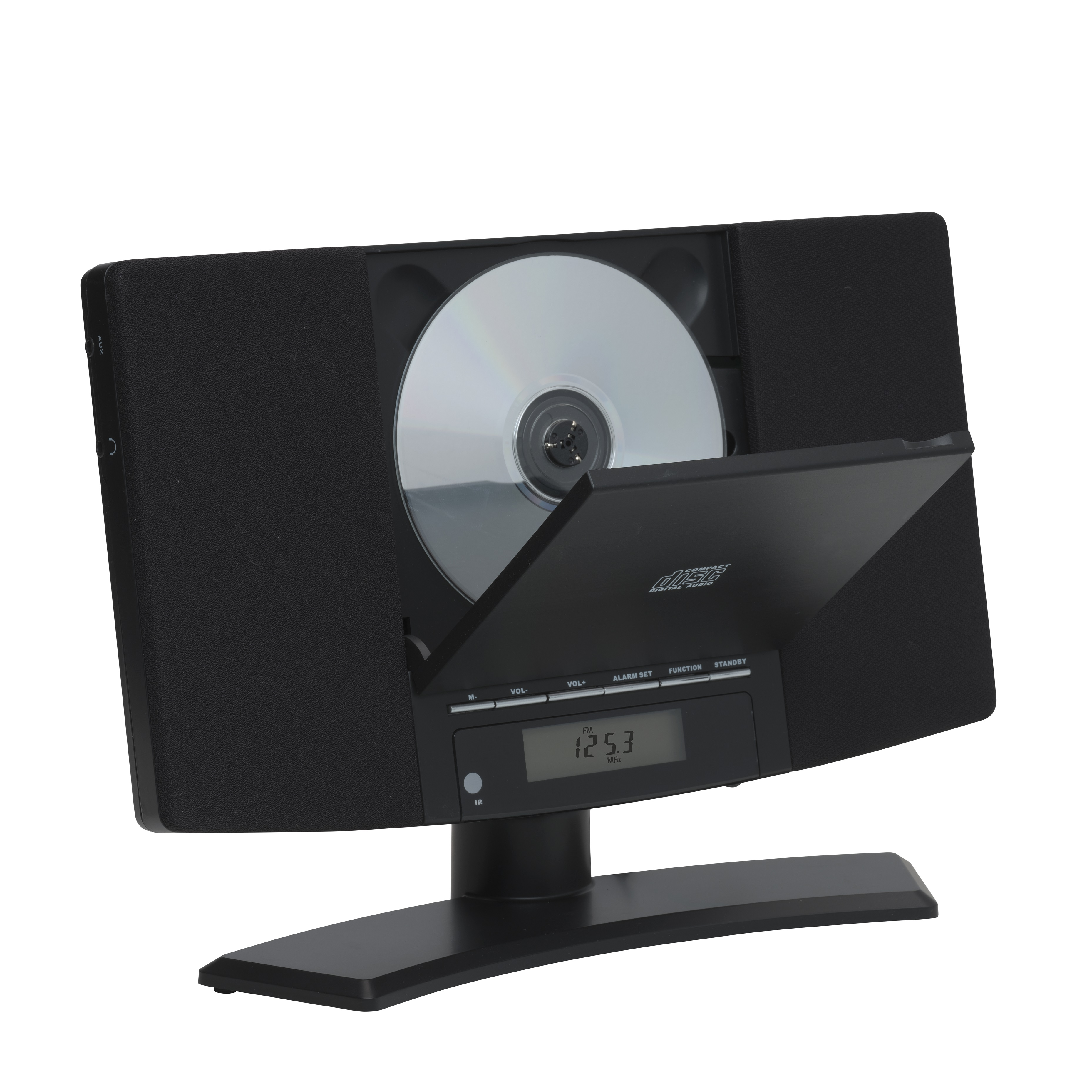 Czarny zestaw stereo z płytą CD i wyświetlanym czasem.