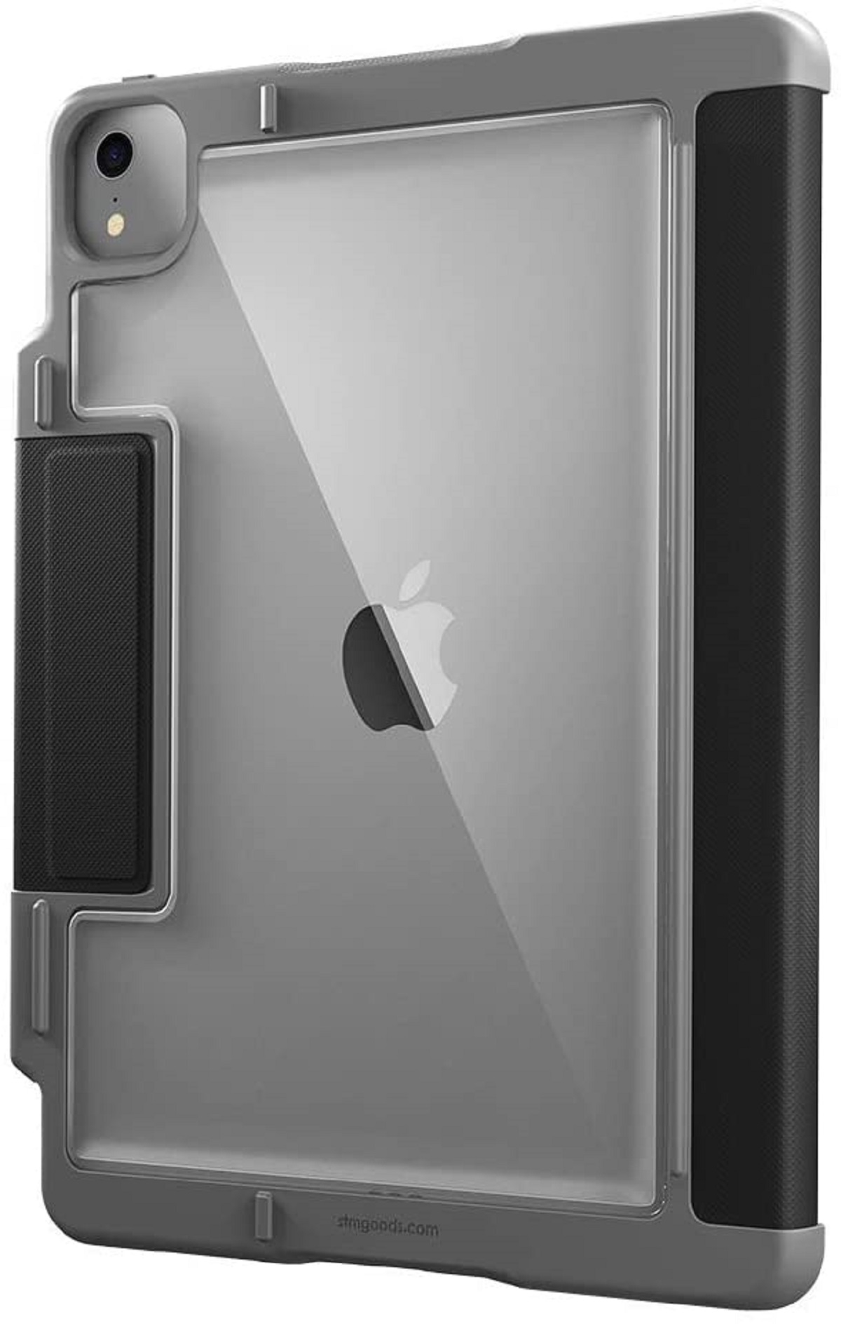 Tablet grigio in una custodia protettiva, con logo Apple nero sul retro.