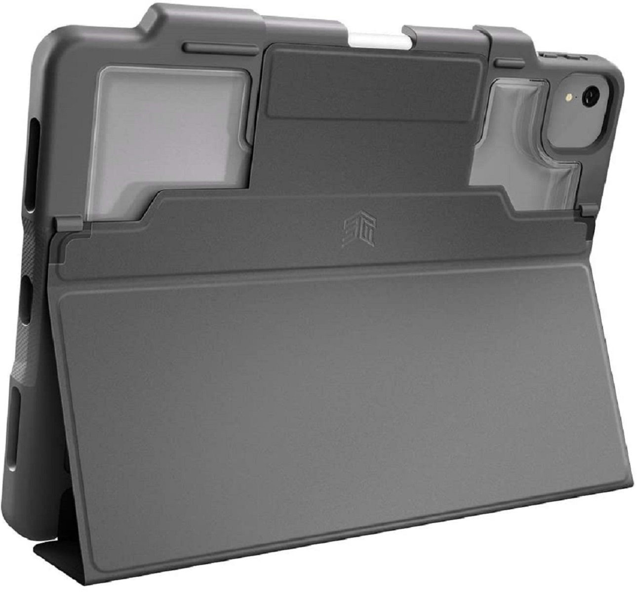 Custodia grigia per iPad con copertura, angolata, che mostra il retro con fotocamere e logo.