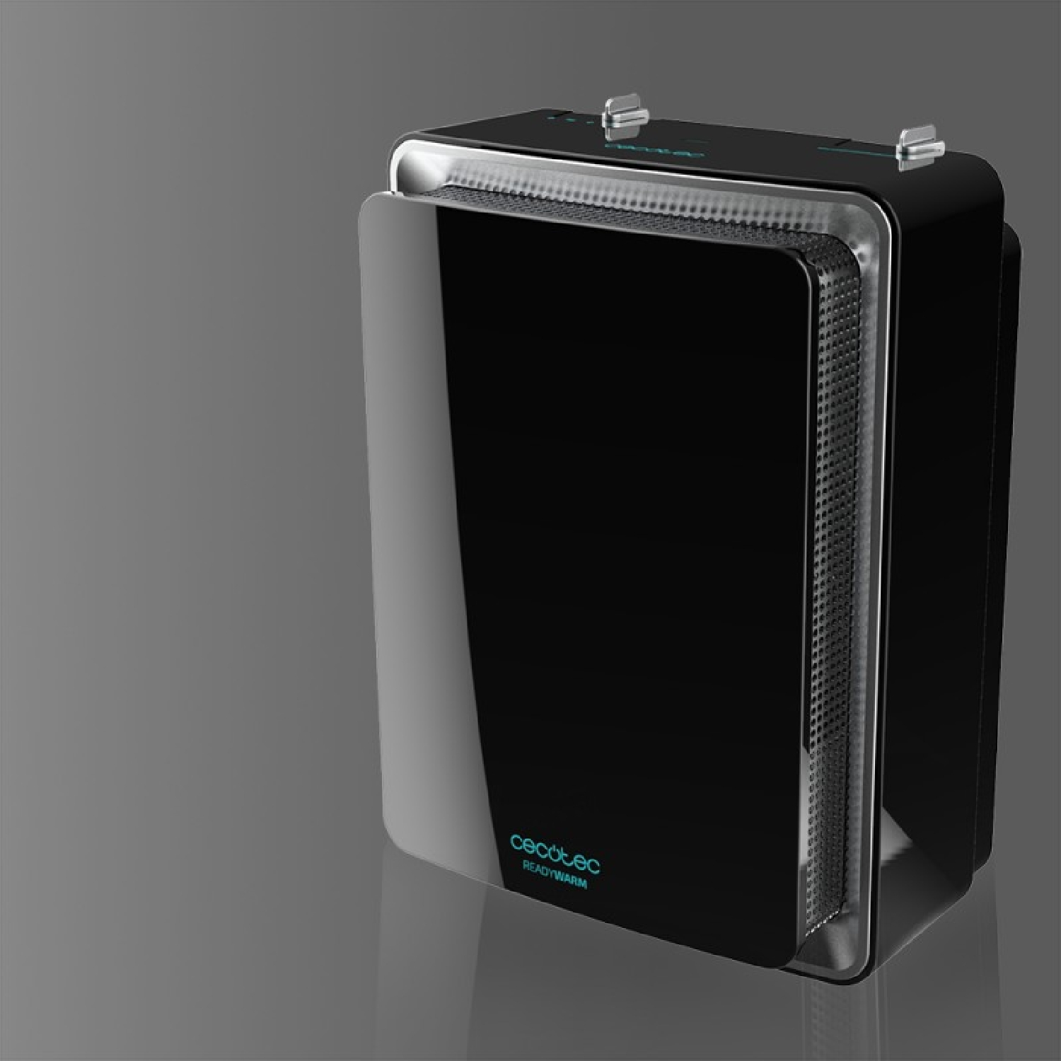 Czarny oczyszczacz powietrza z błyszczącymi drzwiami na szarym tle.