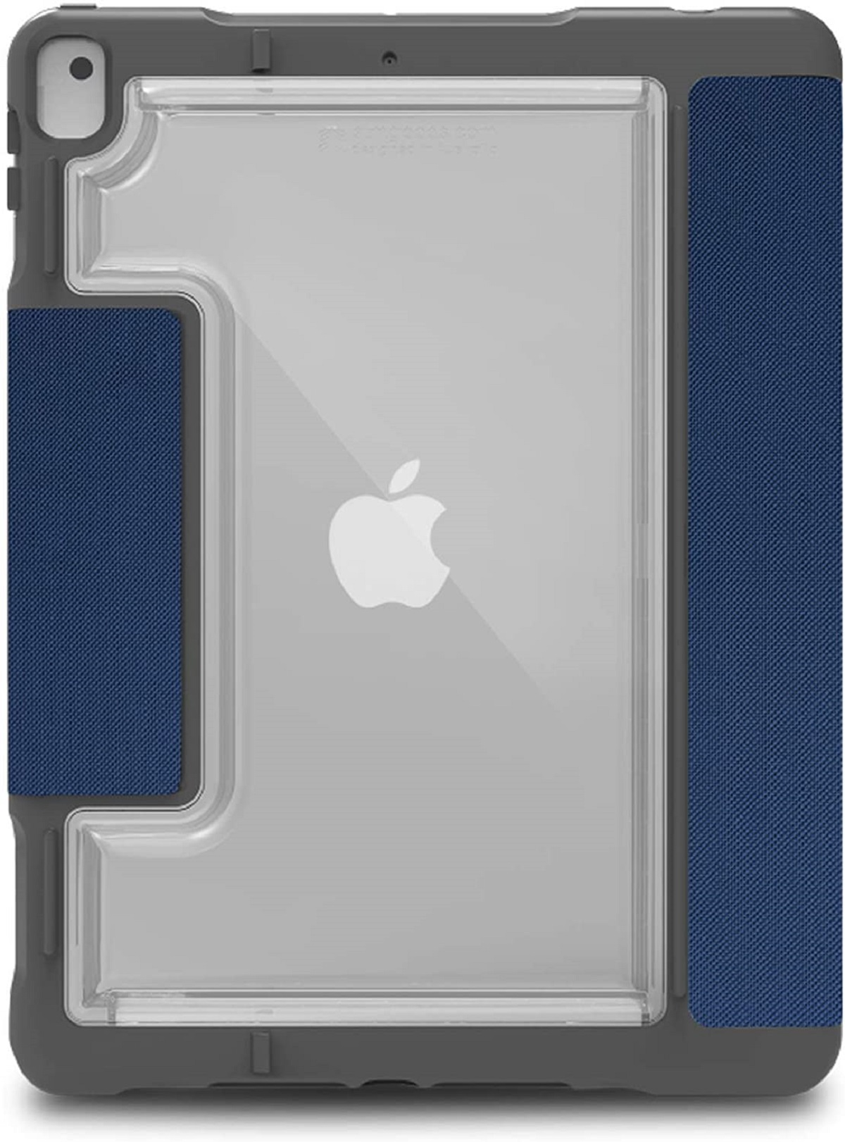 Eine graue iPad-Hülle mit blauen Stoffakzenten und einem transparenten Rücken, der das Apple-Logo zeigt.