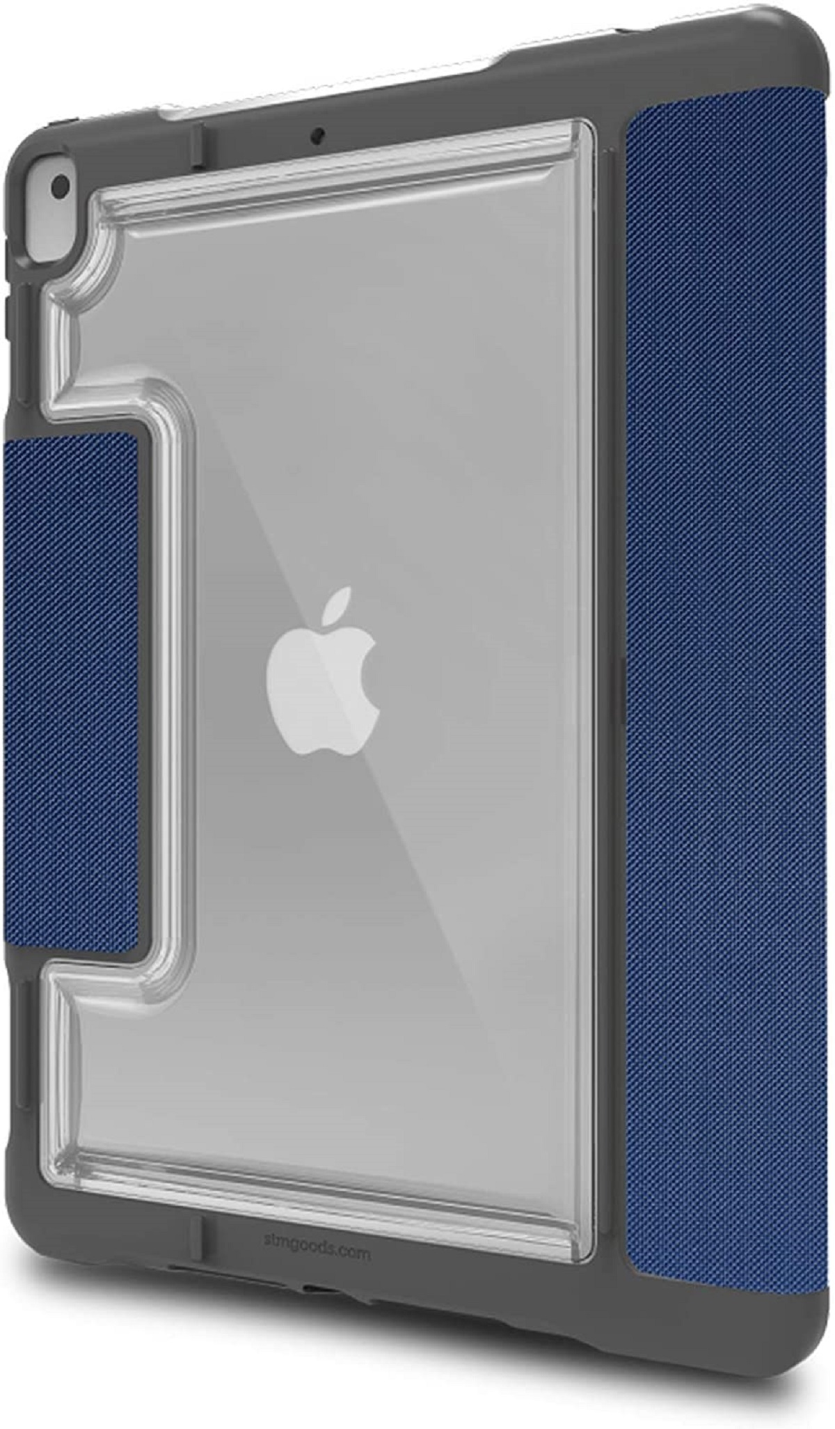 iPad in robuster Hülle. Die Hülle ist grau mit klarer Rückseite und blauen strukturierten Seiten.