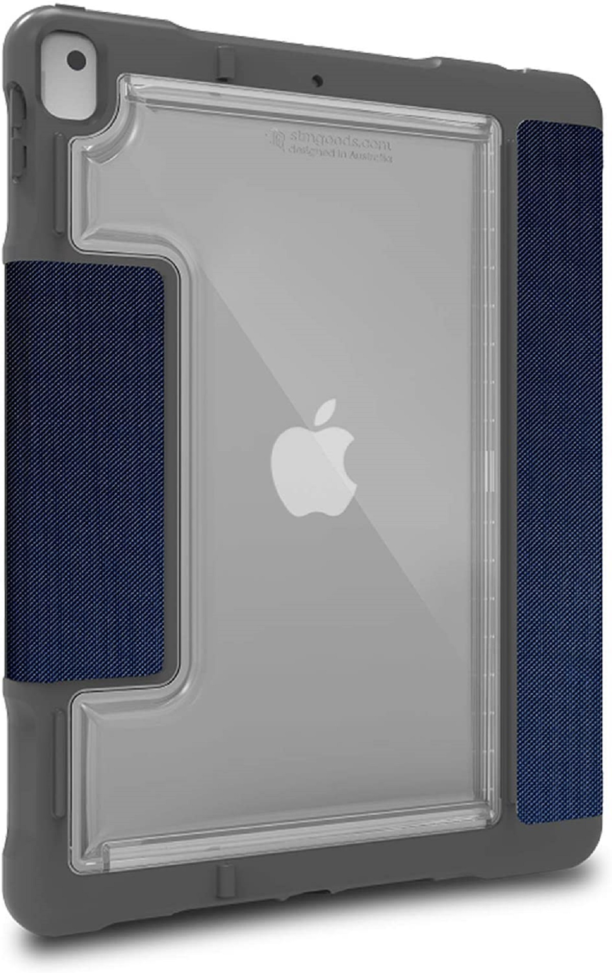 Tablet in einem grauen Gehäuse mit blauen Stoffseiten, Apple-Logo sichtbar.