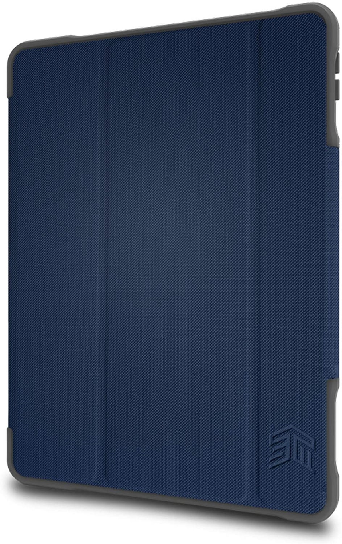Eine marineblaue Tablethülle mit dunkelgrauem Rand. Das STM-Logo ist auf der Hülle sichtbar.