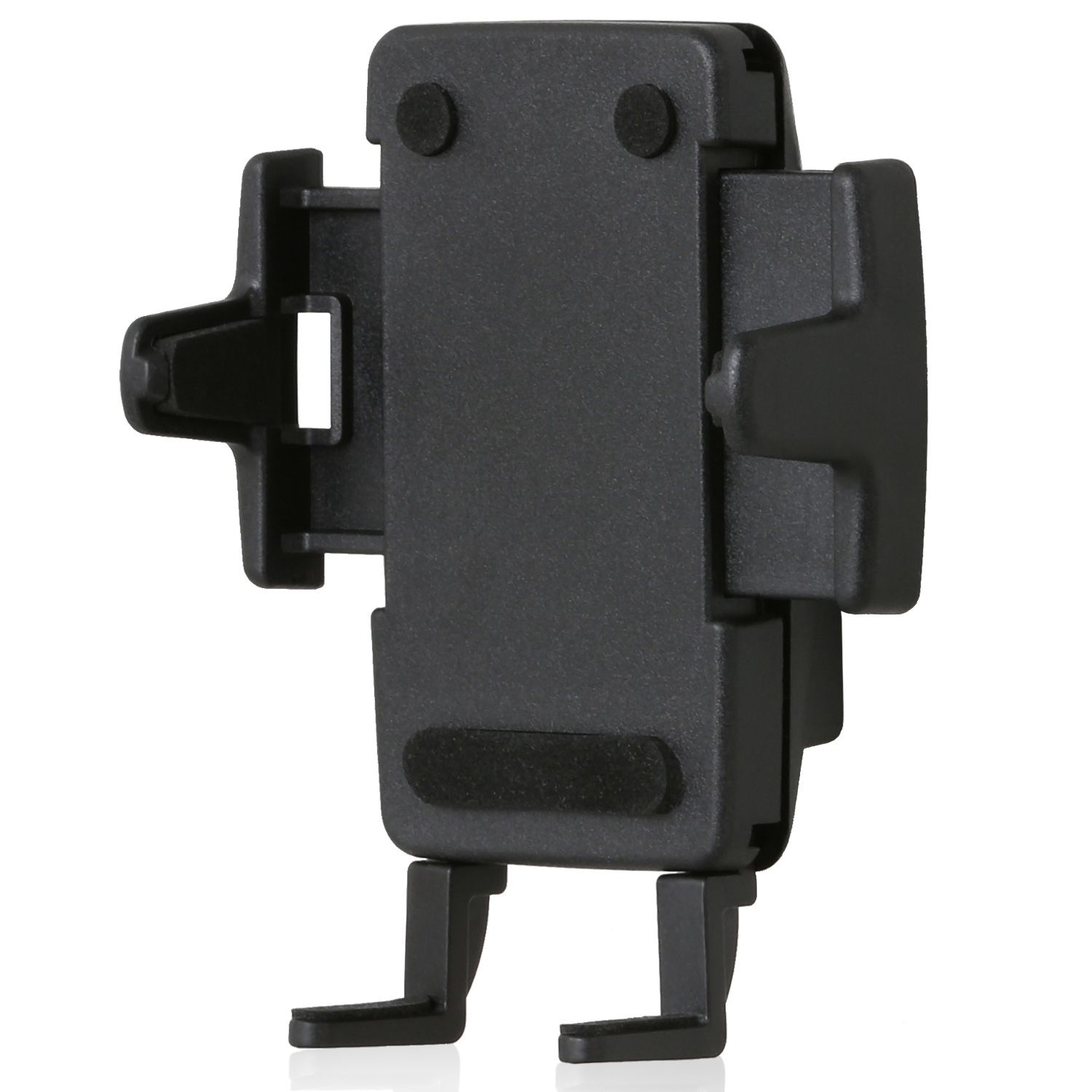 Schwarze Handy-Autohalterung. Sie hat verstellbare Arme und eine Basis zur Befestigung im Auto.