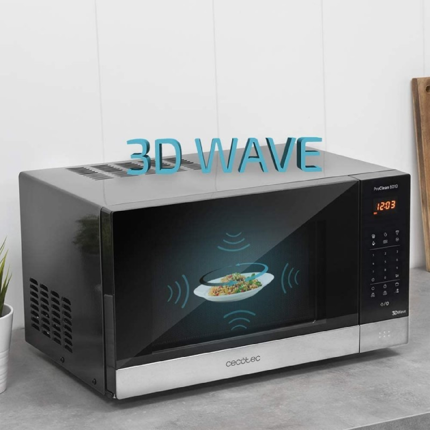 Microonde nero con testo 3D WAVE. All'interno, un piatto di cibo visibile.