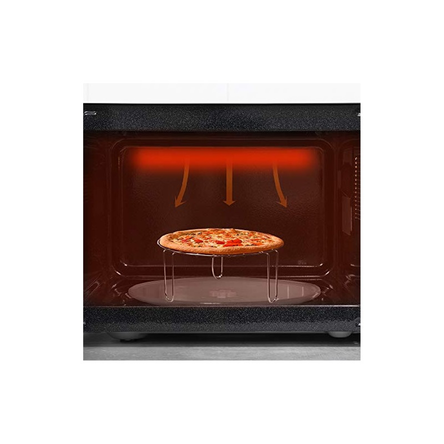 Una pizza su una griglia metallica all'interno di un microonde. L'interno è illuminato da luce rossa, le frecce indicano la circolazione del calore.