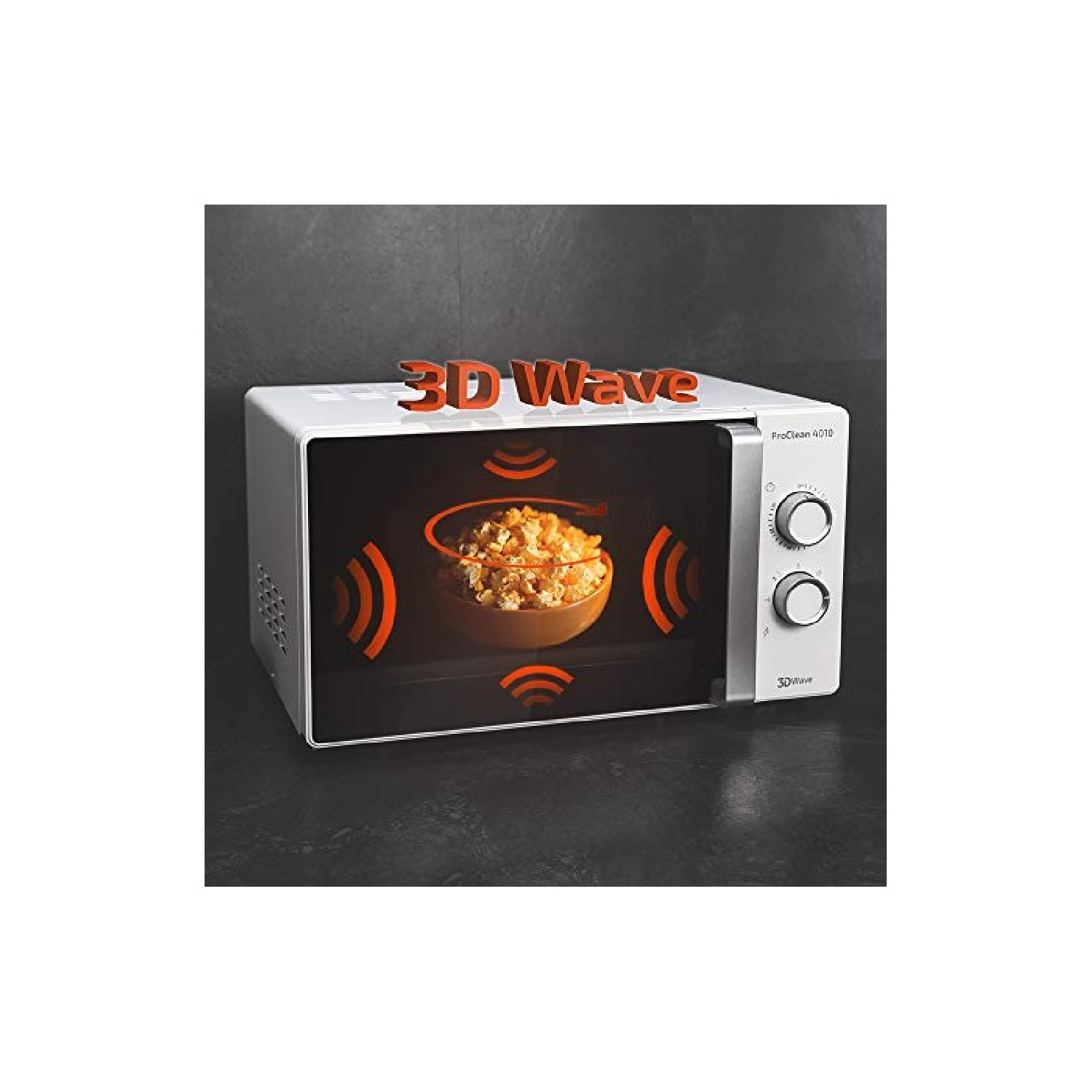 Magnetron met popcorn binnenin, oranje golven illustratie.