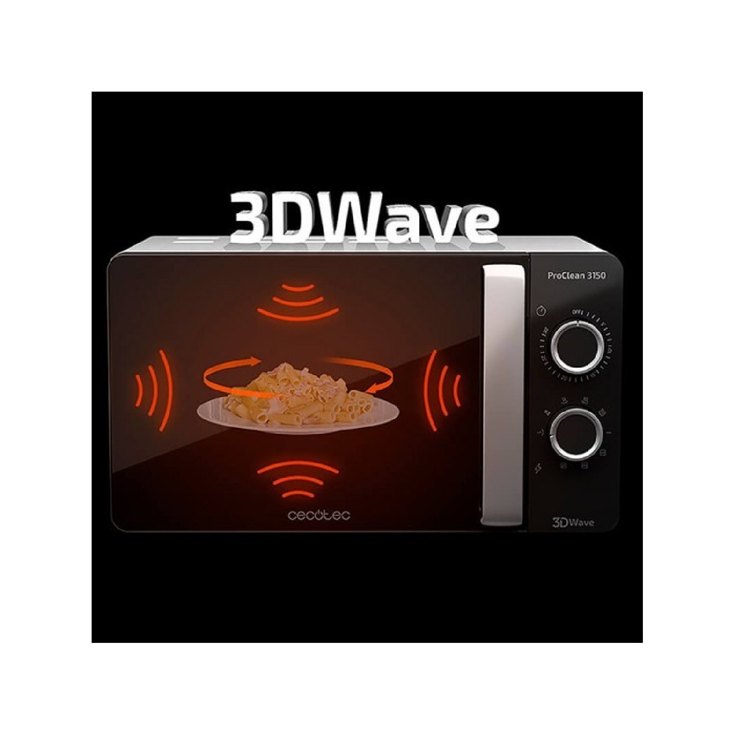 Kuchenka mikrofalowa z jedzeniem w środku i tekstem 3DWave na górze.