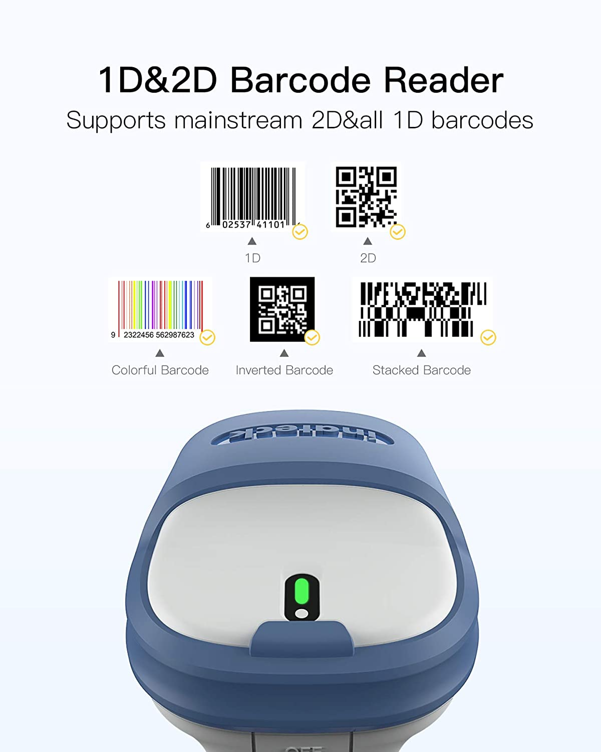 Ein Barcode-Scanner mit verschiedenen Barcode-Typen. Er ist blau und weiß und zeigt verschiedene Barcodes.