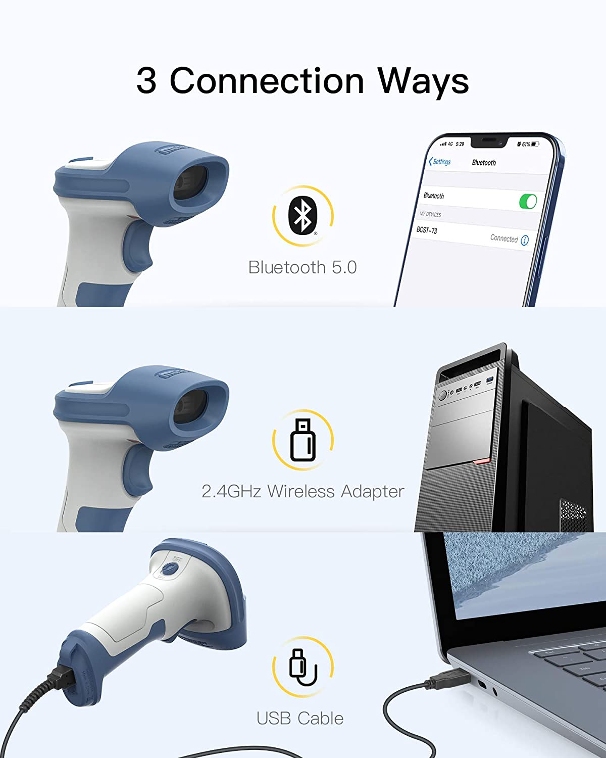 Diagramm mit drei Verbindungsmethoden für einen Barcode-Scanner: Bluetooth, 2,4 GHz und USB.