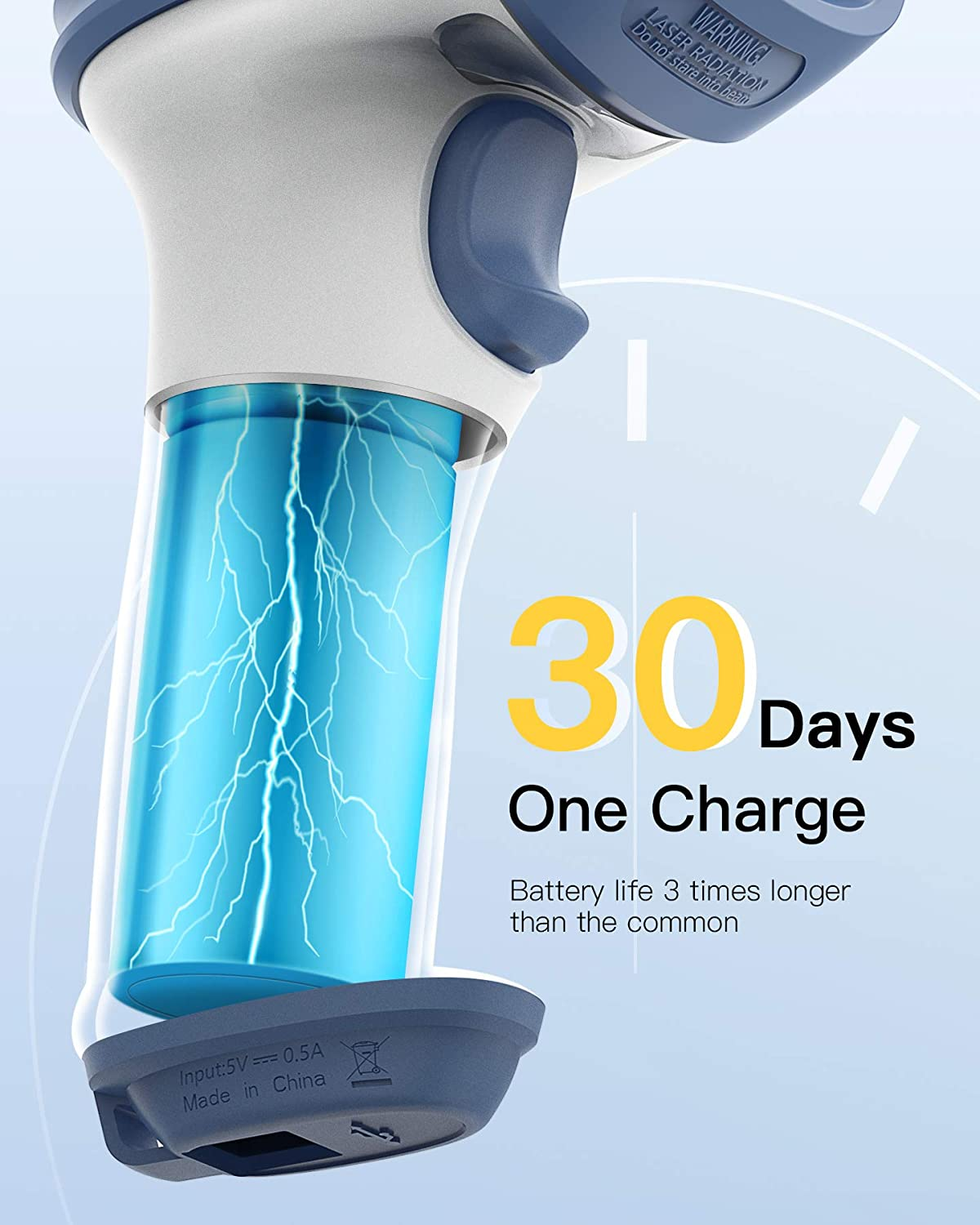 Ein batteriebetriebenes Gerät mit einem blauen Blitzbild im Inneren. Es steht '30 Tage eine Ladung'.