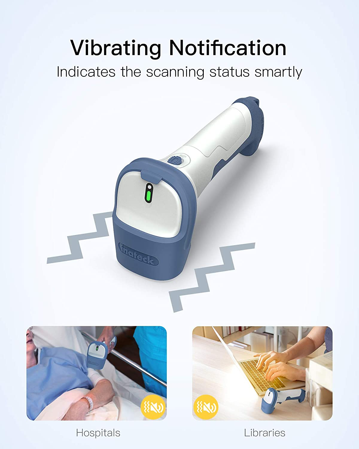 Ein weiß-blauer Scanner mit Vibrationsbenachrichtigung, mit Beispielszenarien in Krankenhäusern und Bibliotheken.