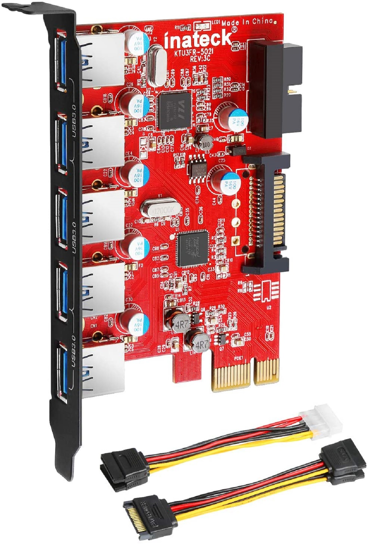 Rote Leiterplatte mit USB 3.0-Anschlüssen, beschriftet mit USB 3.0. Zwei schwarze SATA-Kabel sind befestigt.