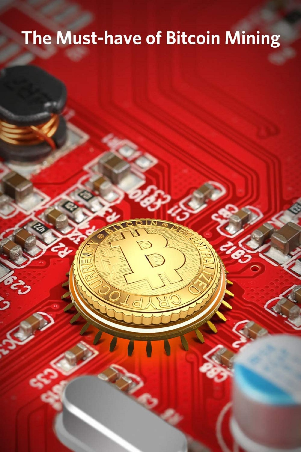 Bitcoin-Mining-Hardware. Ein goldener Bitcoin auf rotem Leiterplattenhintergrund.