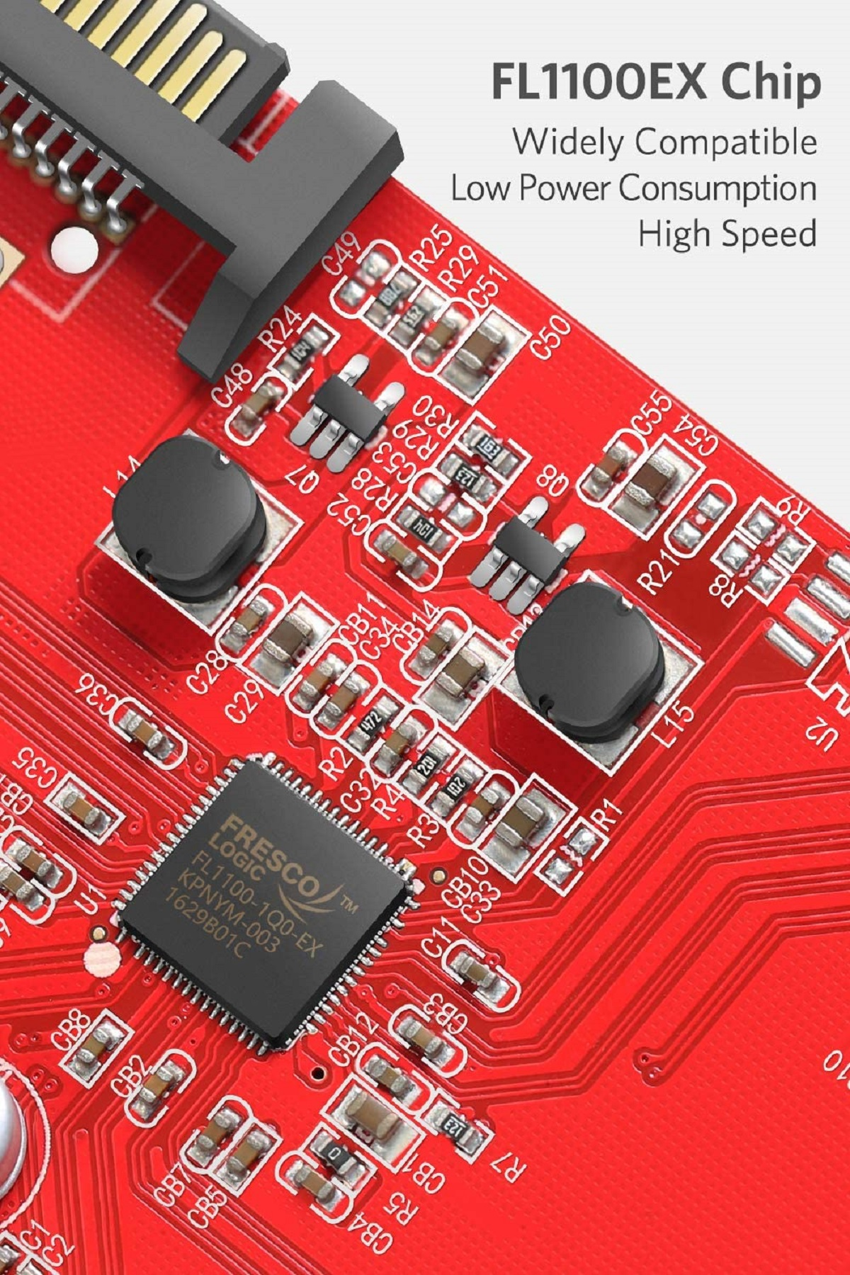 Nahaufnahme einer roten Leiterplatte mit einem Chip und anderen elektronischen Bauteilen.