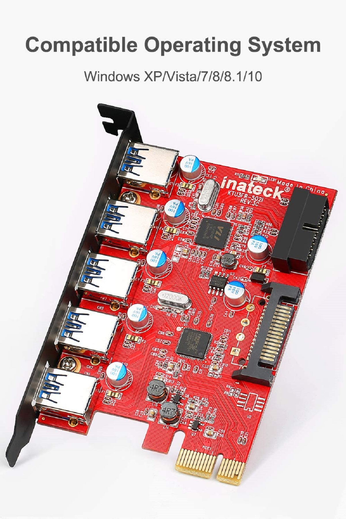 Rote Leiterplatte für einen Computer mit mehreren USB-Anschlüssen.