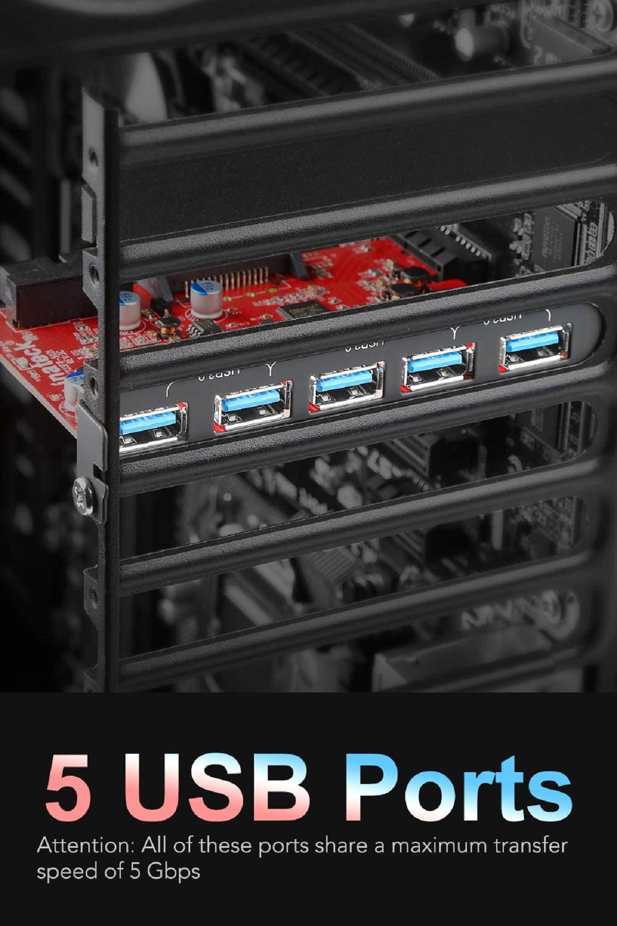 Schwarzer Computergehäuse-Innenraum. Fünf USB-Anschlüsse in einer Reihe. Text: 5 USB-Anschlüsse. Text: 5 Gbit/s.