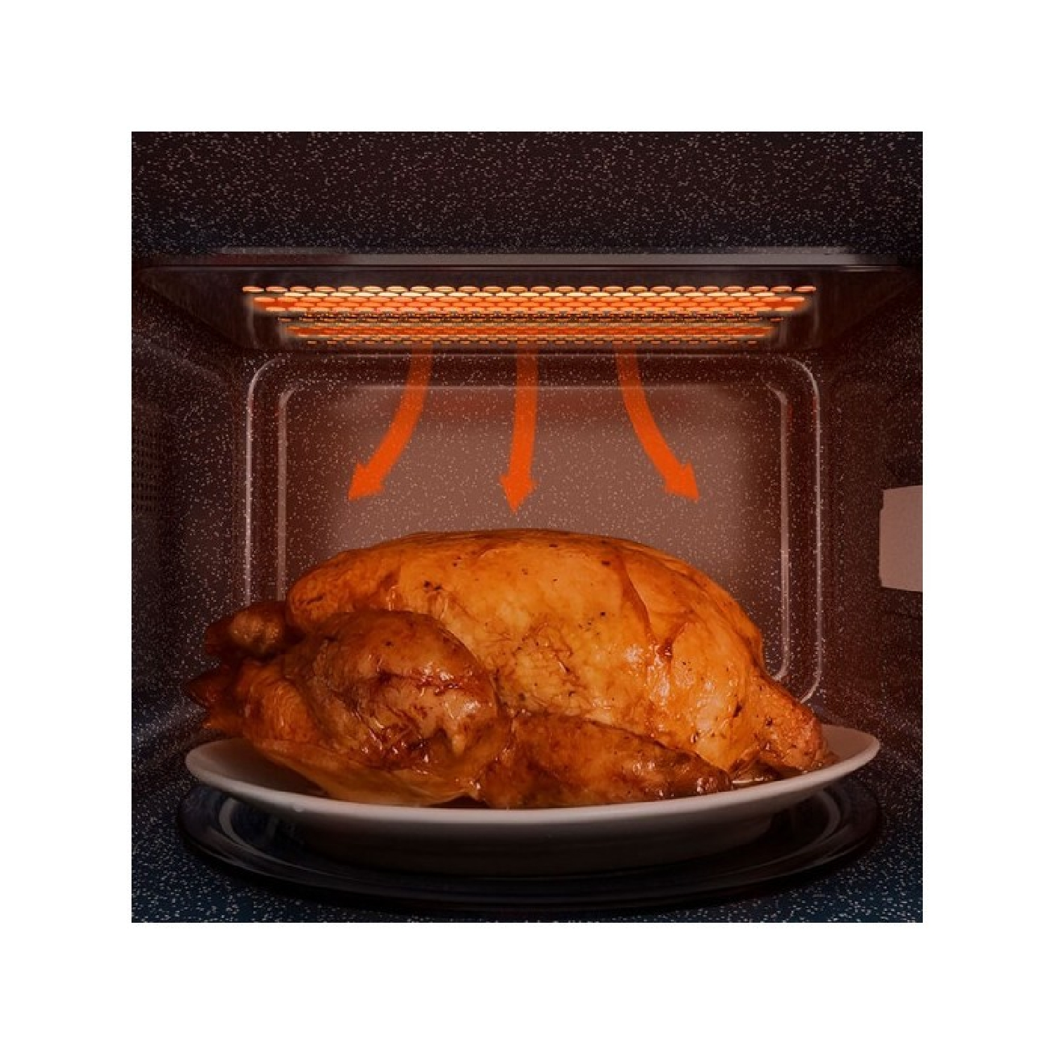 Pieczony kurczak wewnątrz piekarnika mikrofalowego. Piekarnik jest włączony. Strzałki pokazują kierunek ogrzewania.