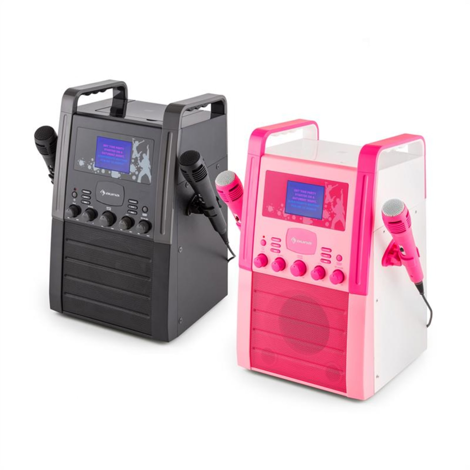 Zwei Auna-Karaoke-Maschinen, eine schwarze und eine rosa, mit Mikrofonen.