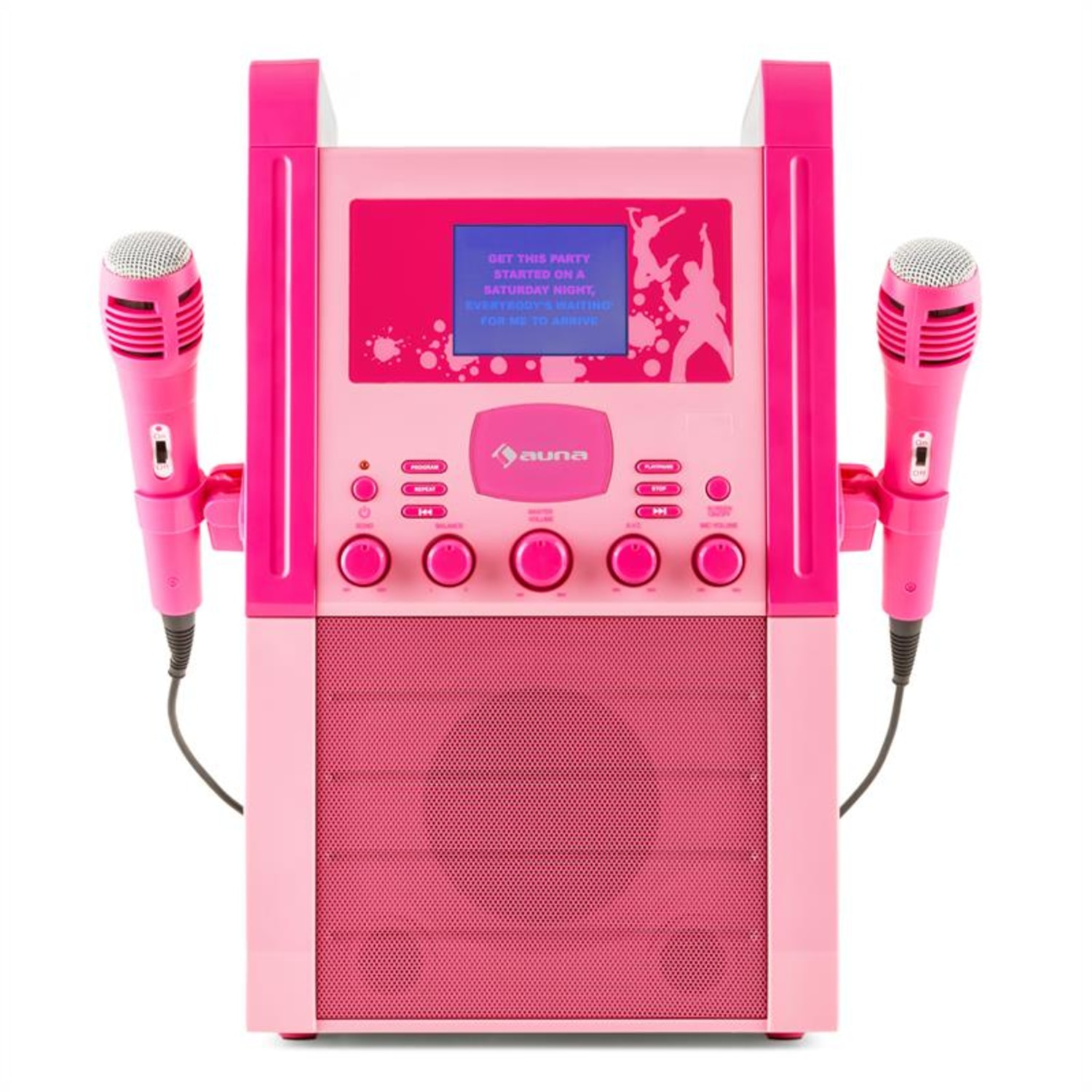 Rosa Karaoke-Maschine mit Mikrofonen und einem Bildschirm.