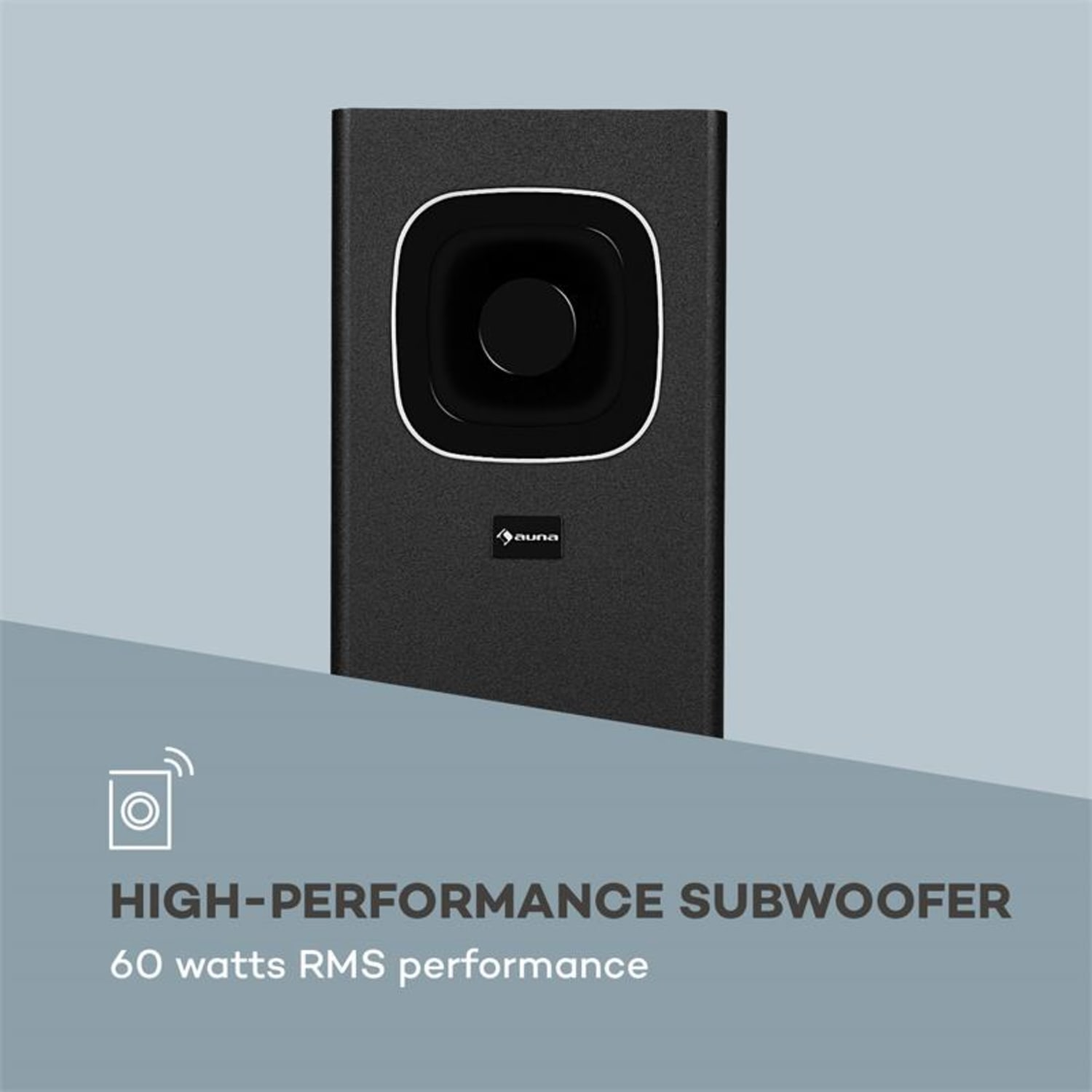 Ein schwarzer Subwoofer mit weißem Umriss und dem Text 'HIGH-PERFORMANCE SUBWOOFER' und Spezifikationen.
