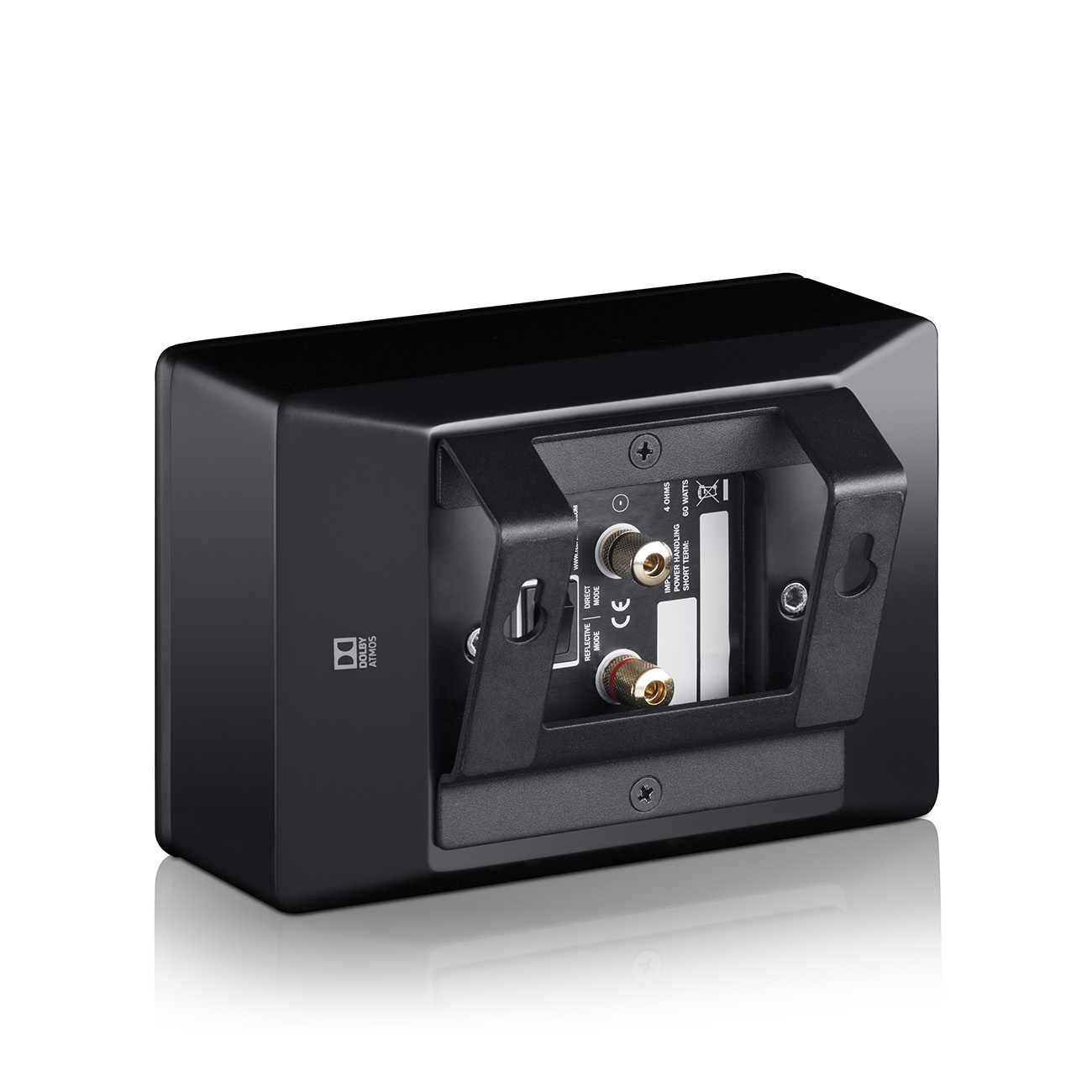 Schwarze Lautsprecherrückseite. Zeigt das Anschlussfeld und die Montagehardware.