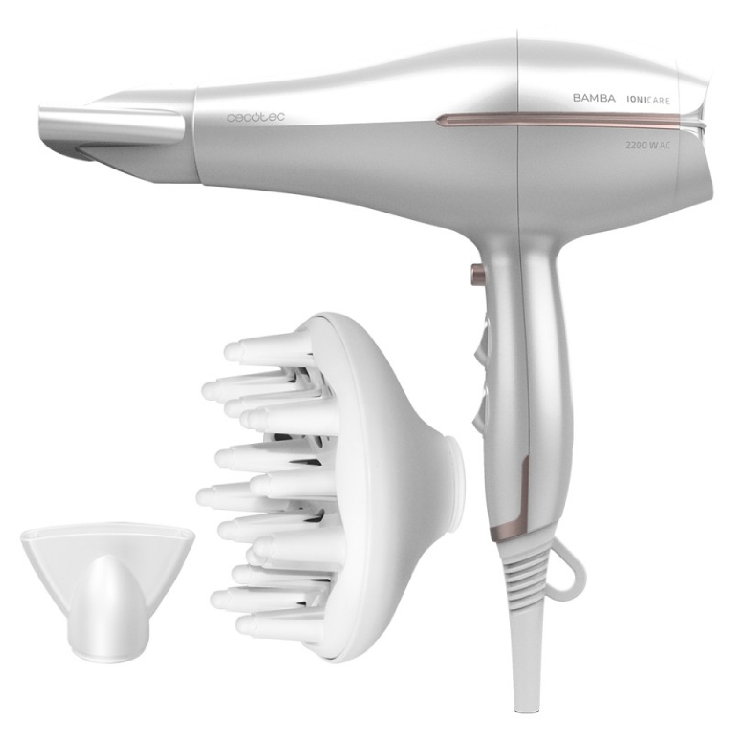 Un asciugacapelli bianco Cecotec Bamba Ionicare 2200 W AC con accessori.