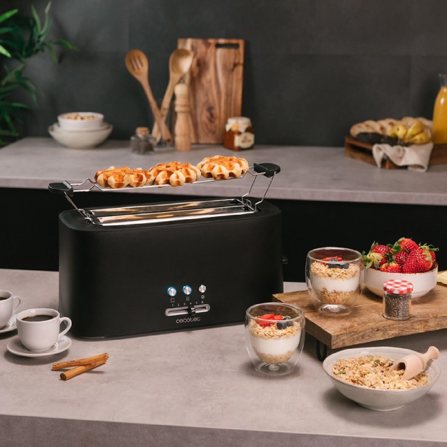 Tostadora - CECOTEC 03181 TOAST&TASTE 16000 EXTRA DOUBLE, 1370 W, 2 ranuras, 4 rebanadas, 6 niveles niveles tostado, Negro