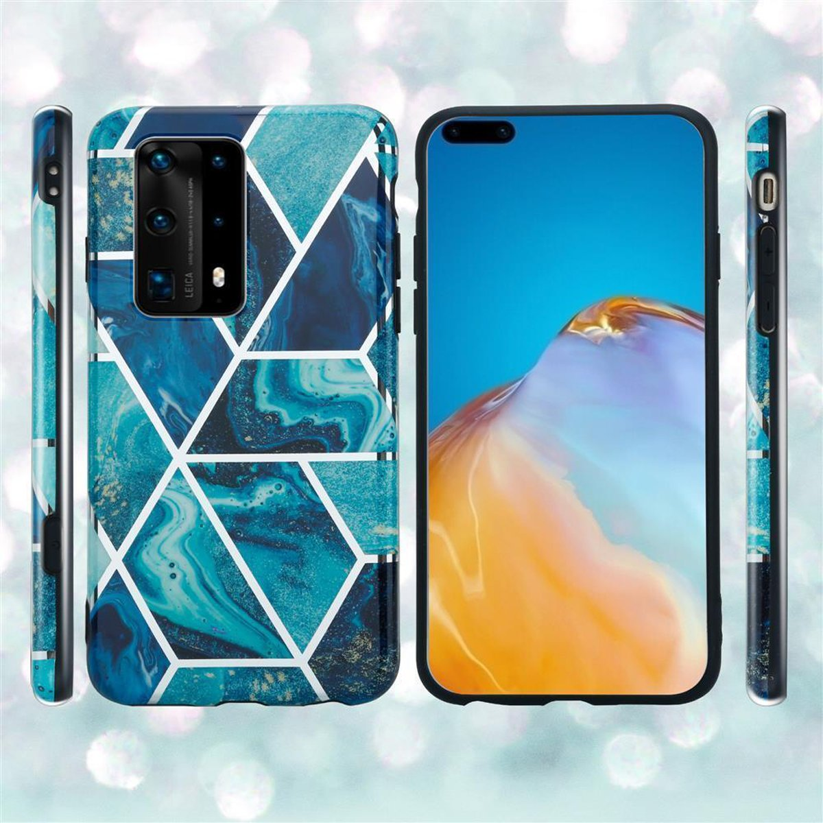 Una custodia per telefono con un motivo geometrico blu e bianco. Il telefono è sul lato destro. Anche viste laterali.