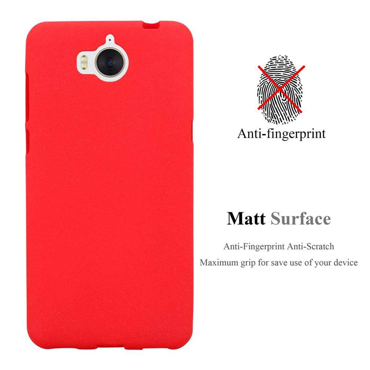 Una custodia per telefono rossa con caratteristiche anti-impronta e superficie opaca.