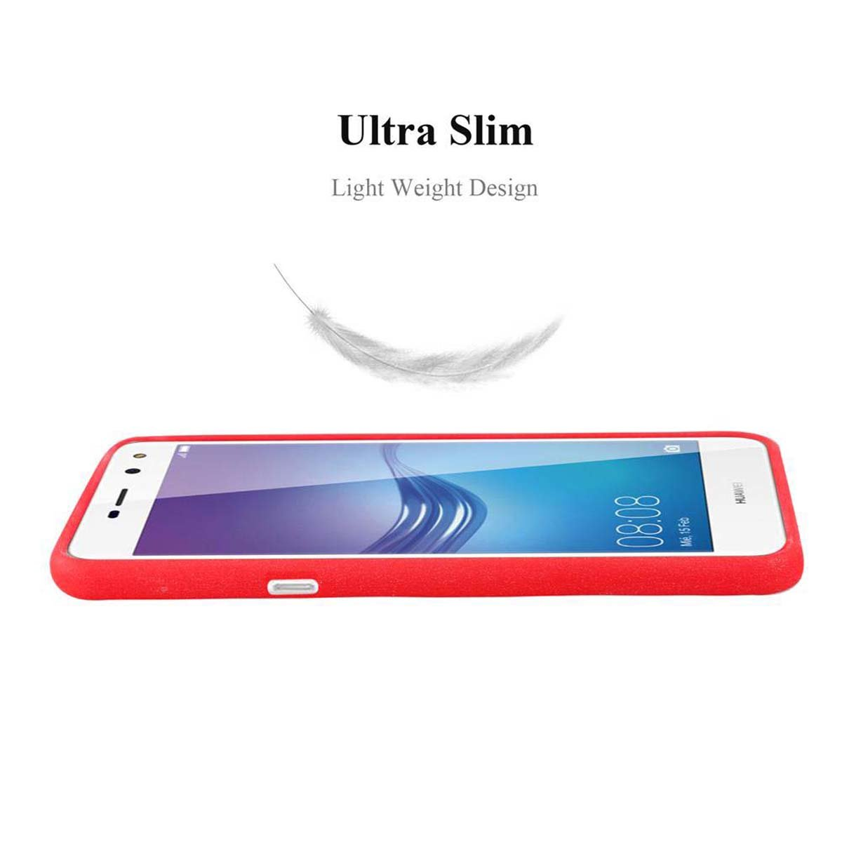 Un telefono rosso con cornice bianca, su sfondo bianco, con una piuma che fluttua sopra.