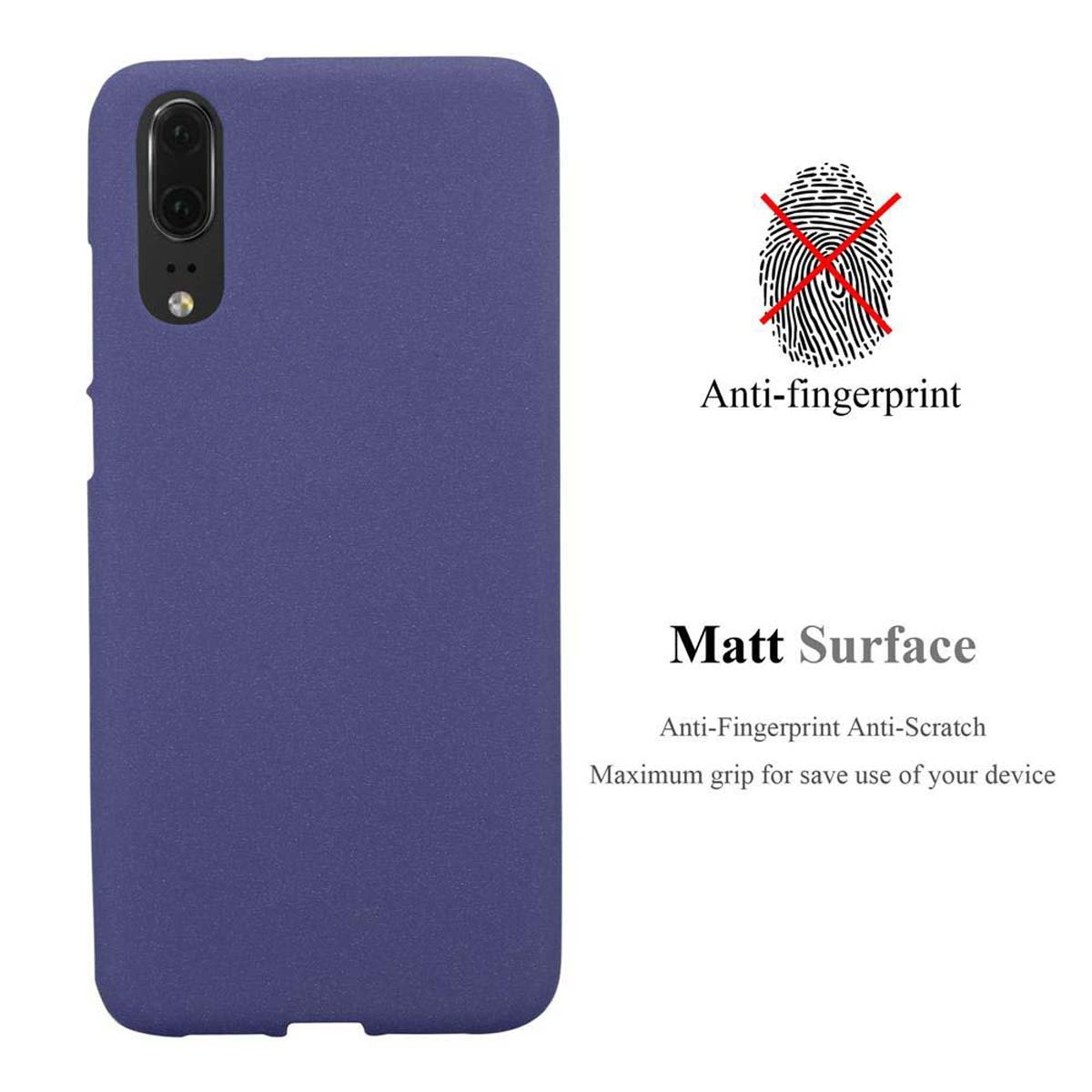 Una custodia per telefono viola con le scritte 'Anti-impronte digitali' e 'Superficie opaca'.