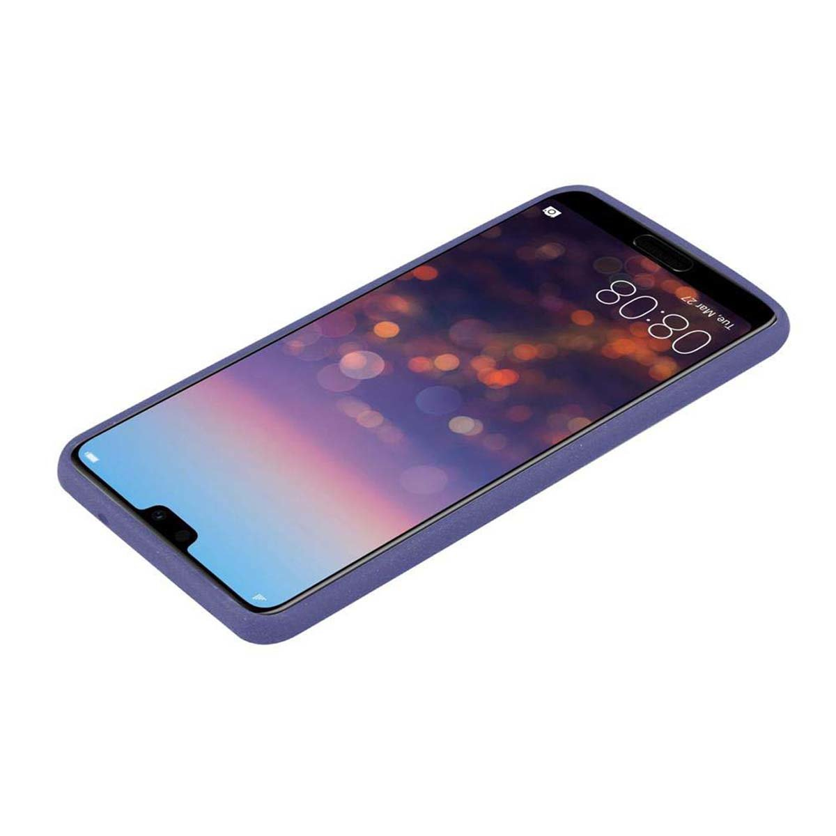 Un telefono blu in una custodia blu. Lo schermo mostra un'immagine sfocata.