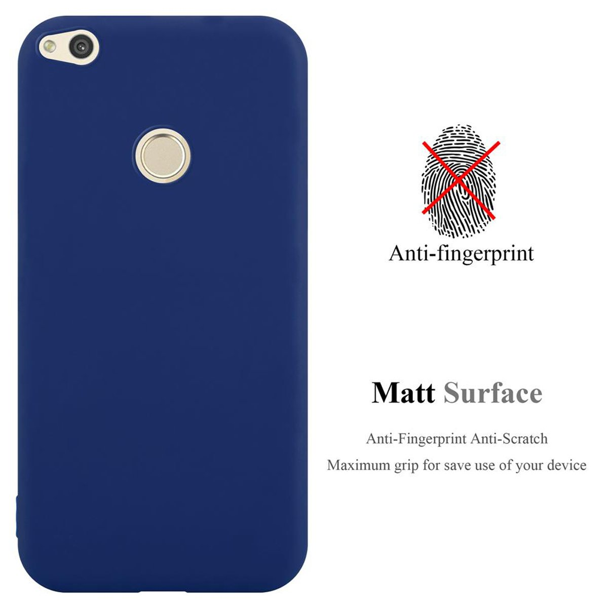 Una funda de teléfono azul oscuro con el texto 'Anti-huellas' y 'Superficie mate'.