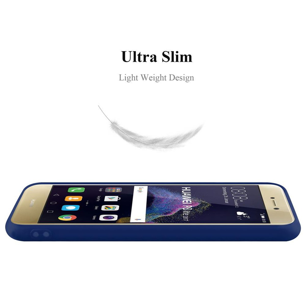 Teléfono dorado en una funda azul. Pantalla negra con iconos. Pluma blanca y texto 'Ultra Slim' arriba.