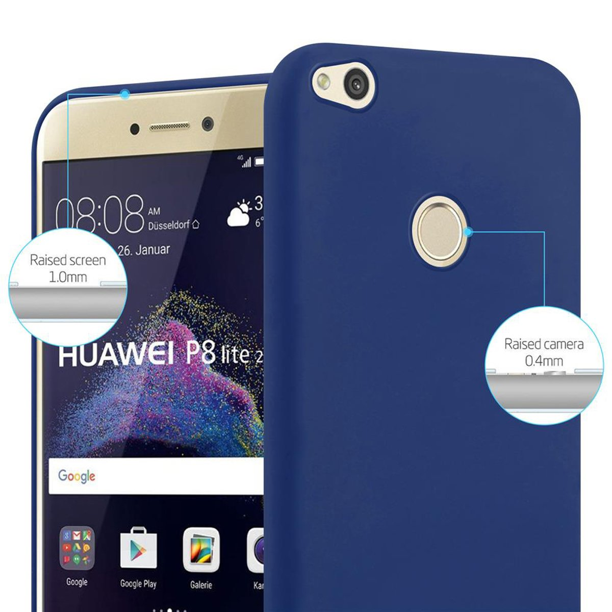 Funda azul de teléfono en un teléfono con hora y fecha en la pantalla.
