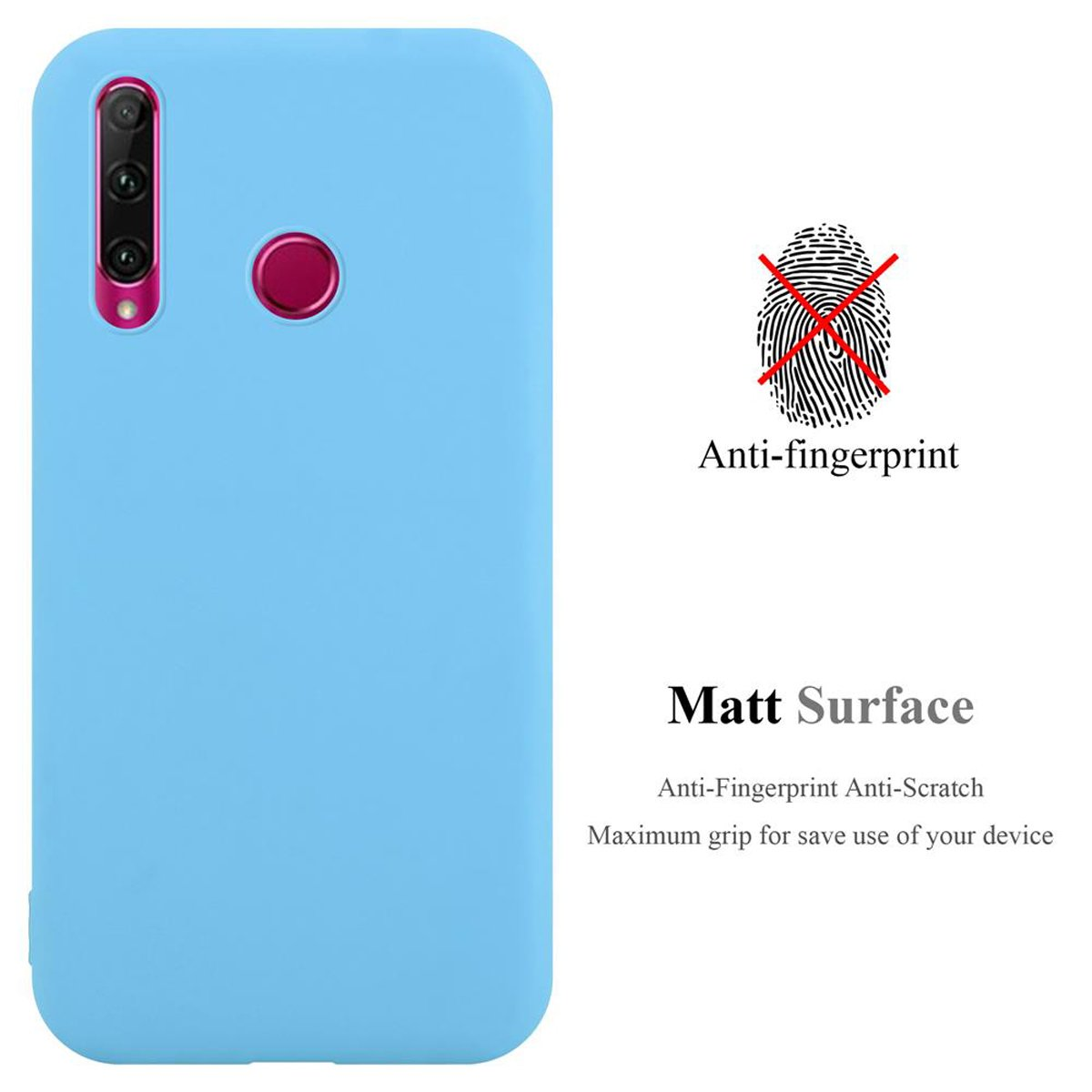 Custodia per telefono azzurro con testi anti-impronta e antigraffio. Simbolo di impronta digitale barrato.