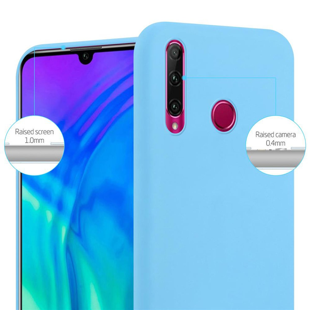 Custodia per telefono azzurra. Fotocamera e schermo evidenziati con diagrammi.