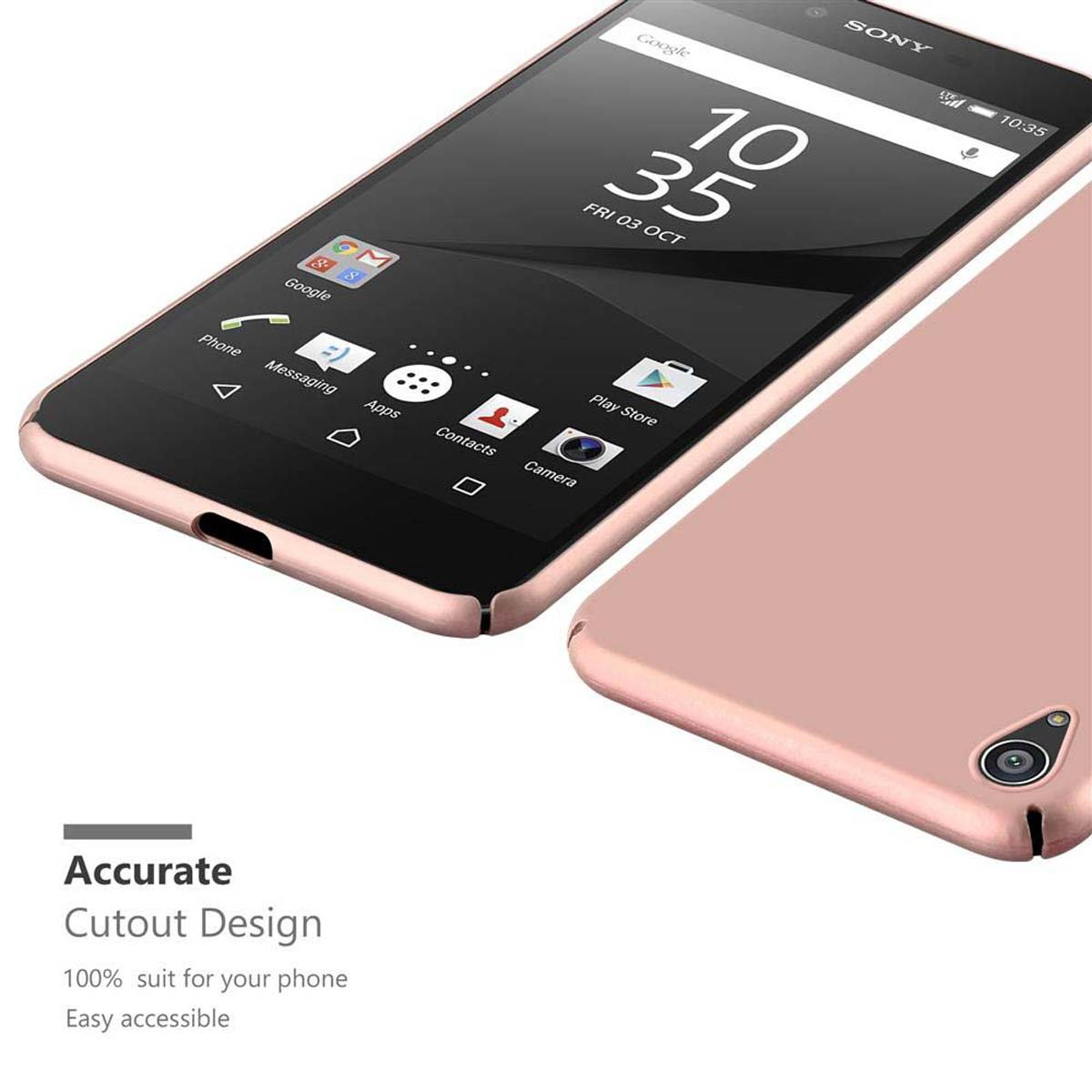 Telefono con custodia. Il telefono mostra la schermata iniziale e ha una custodia oro rosa.
