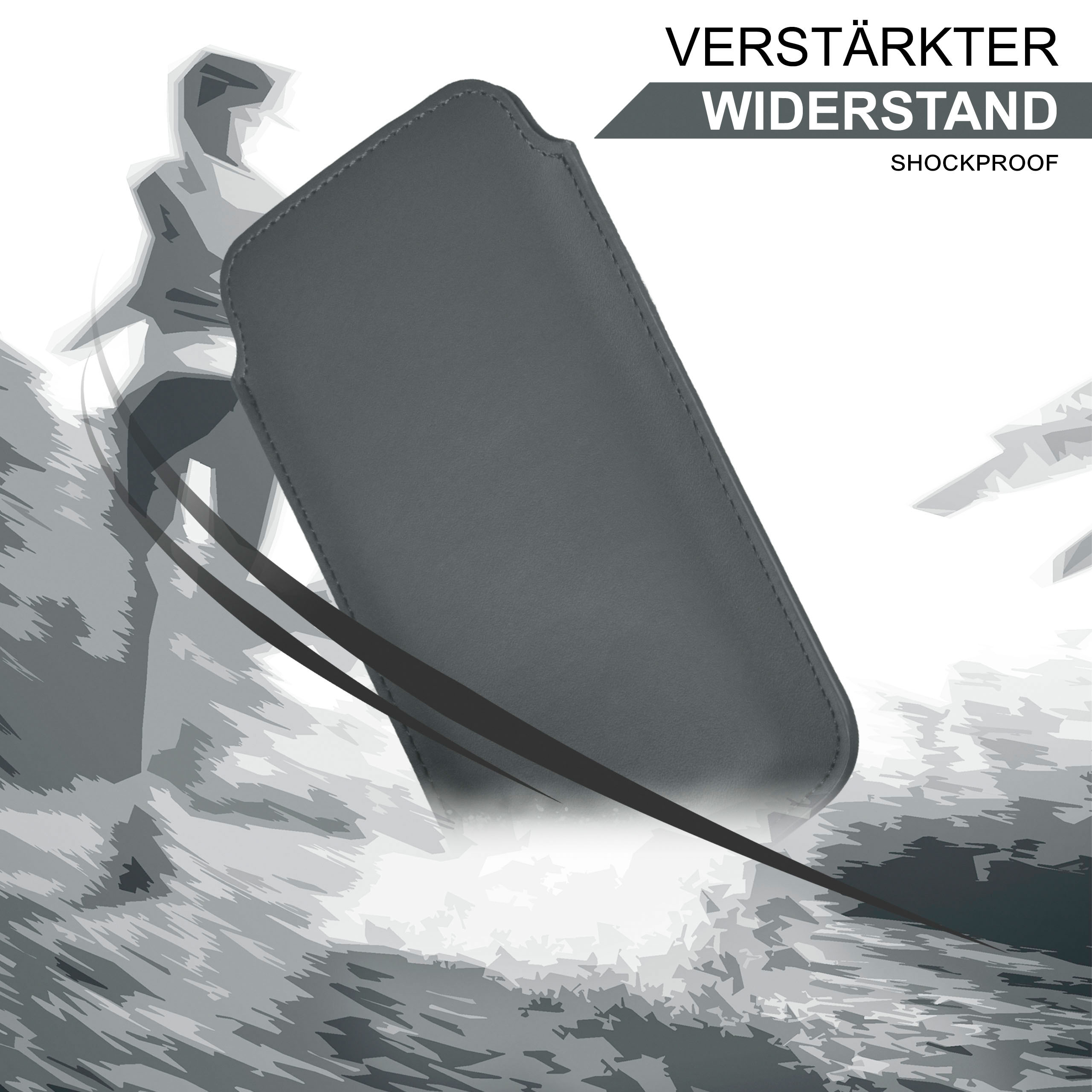 Graue Handyhülle mit Wasserspritzer. Text: 'Verstärkter Widerstand'.
