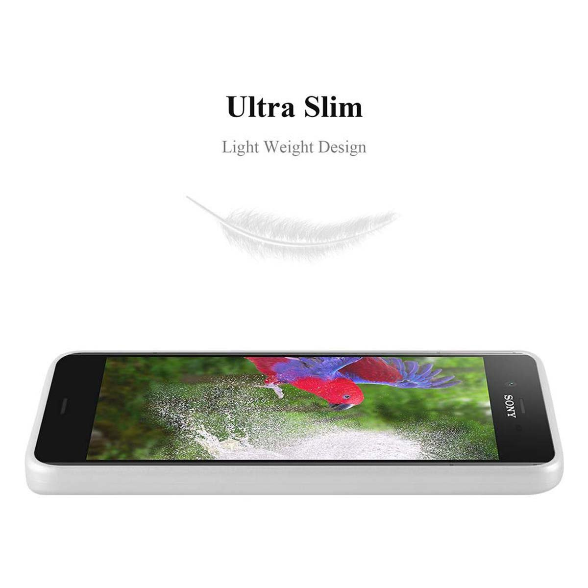 Telefono bianco con un'immagine colorata sullo schermo. Il testo dice: Ultra Slim, Light Weight Design.