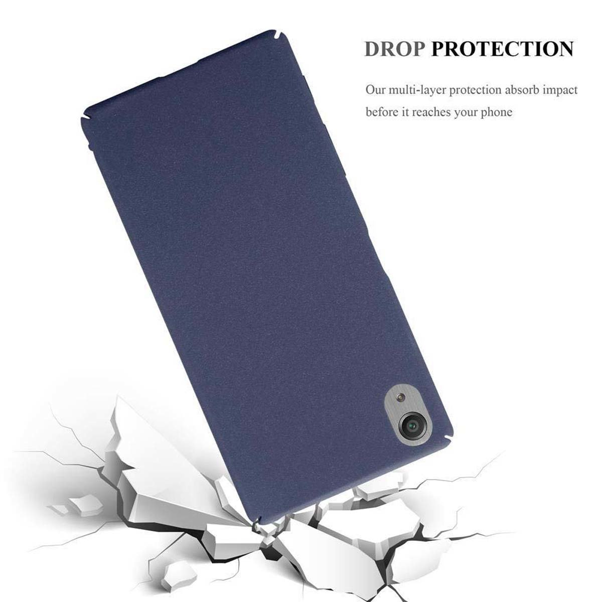 Custodia blu per telefono su superficie bianca con crepe, testo 'DROP PROTECTION'.