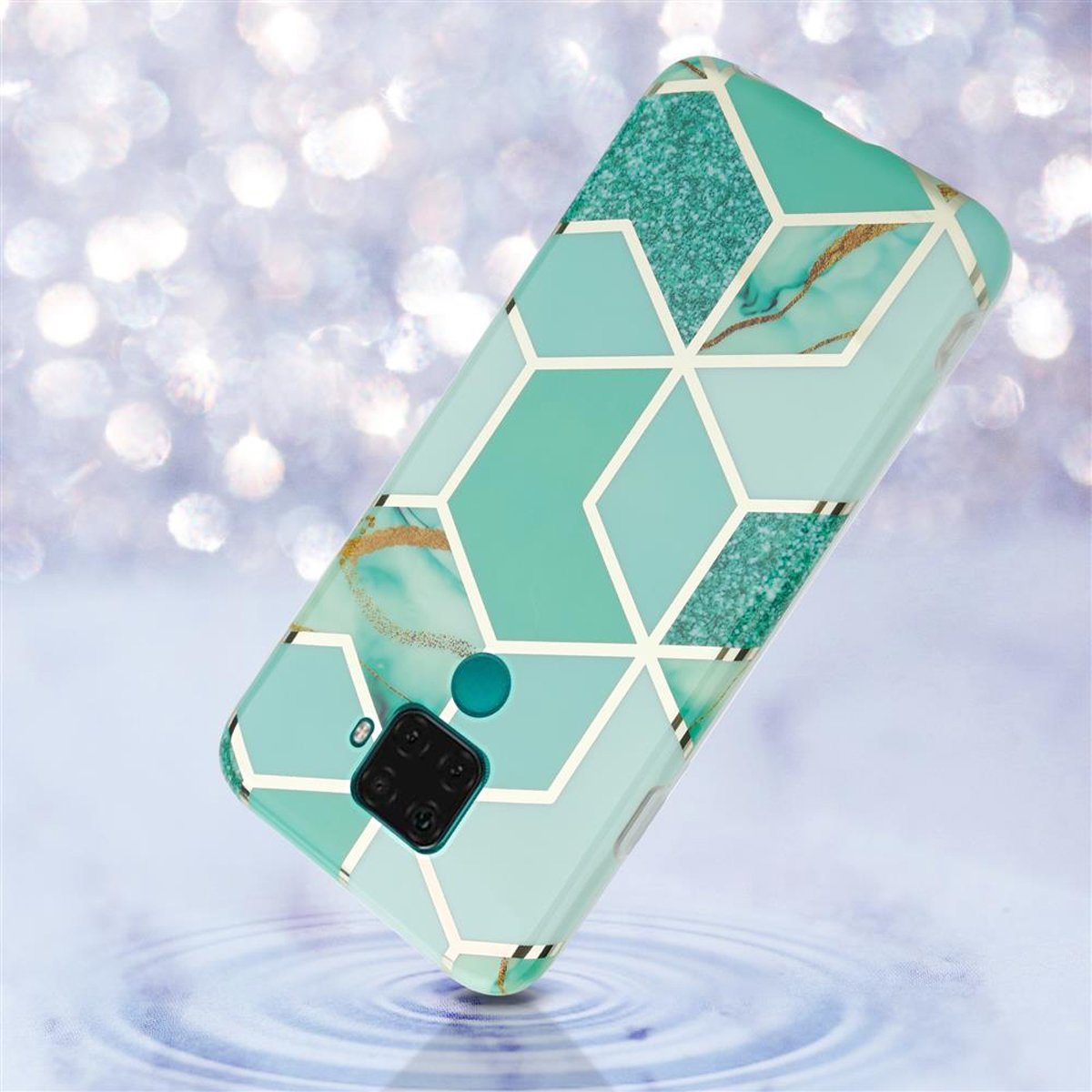 Custodia per telefono con motivo geometrico. Design turchese, oro e bianco. Sfondo scintillante.
