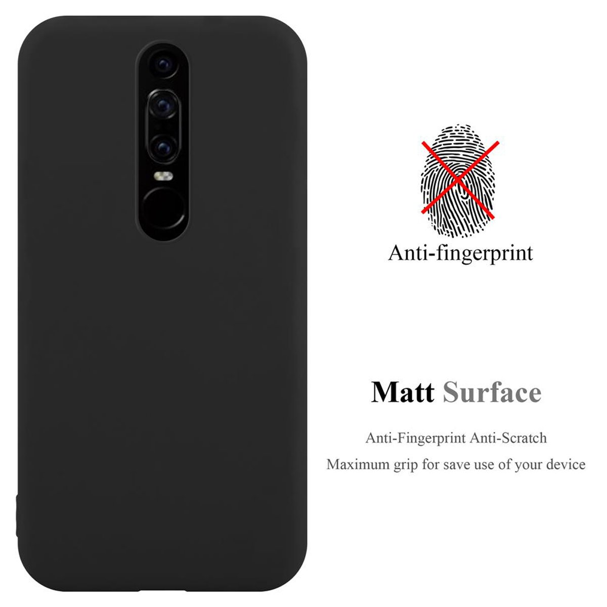 Una custodia per telefono nera con testo anti-impronte e antigraffio. Un simbolo di impronta digitale è barrato.