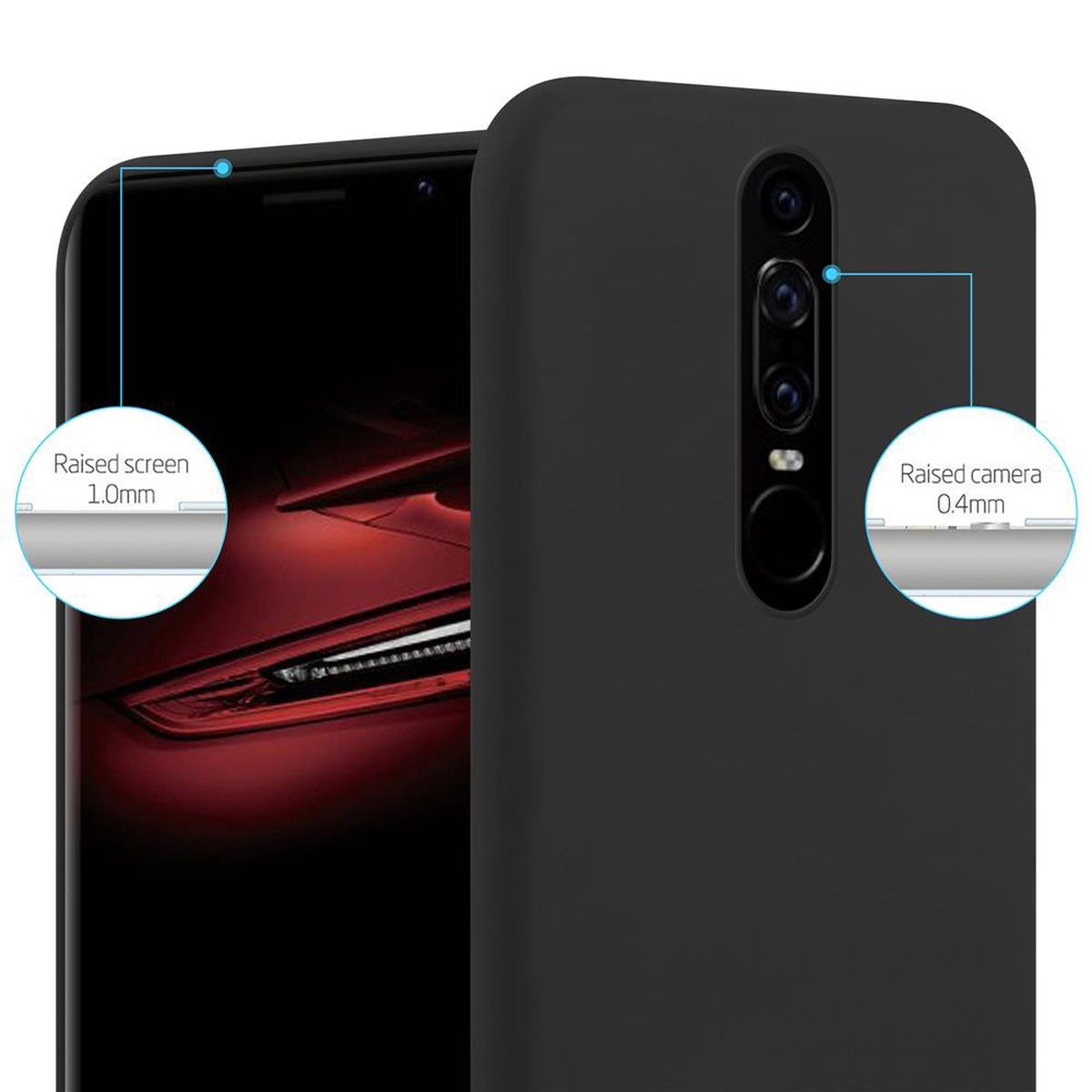 Telefono nero in una custodia. Evidenzia schermo e fotocamera rialzati. Testo e cerchi indicano dimensioni.