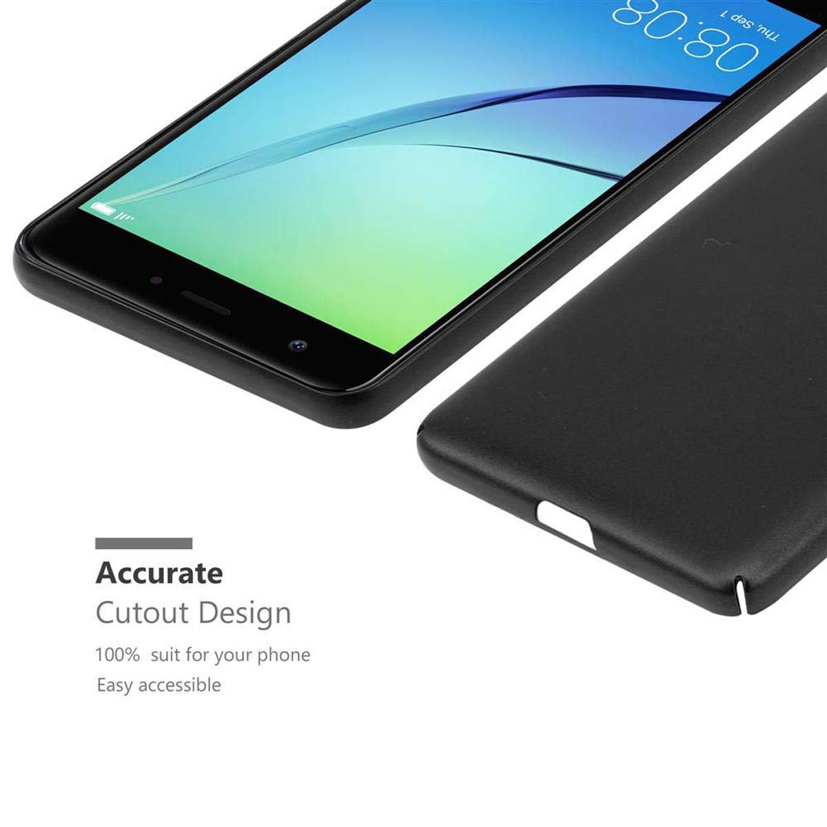Ein schwarzes Smartphone und seine Hülle, mit Text über Design und Zugänglichkeit des Telefons.