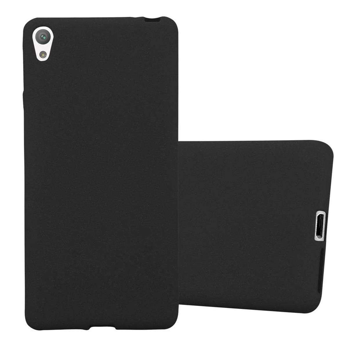 Dos fundas negras para teléfono, una con orificio para cámara y flash, sobre fondo blanco.