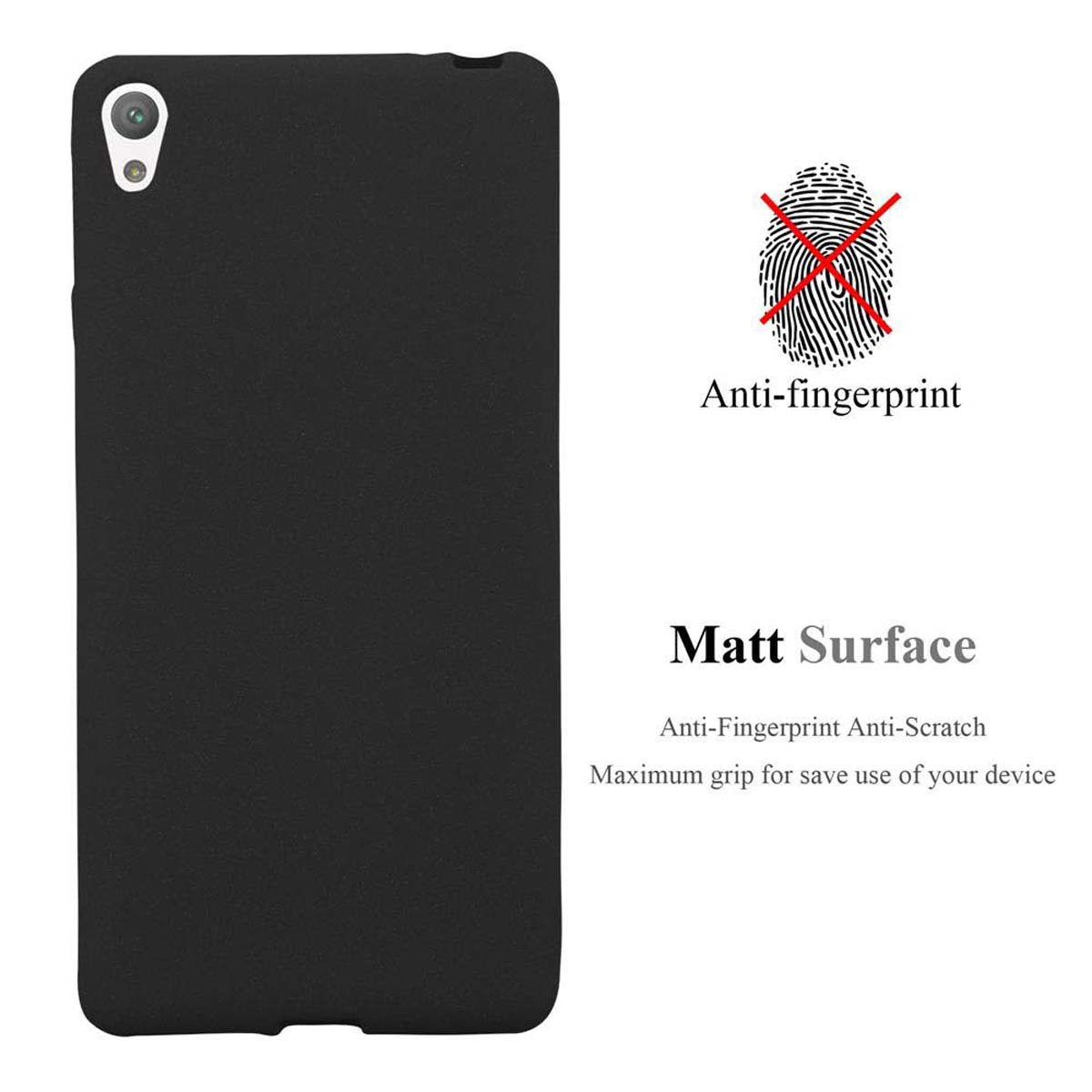 Funda negra con funciones anti-huellas y superficie mate. El texto dice: Superficie mate.